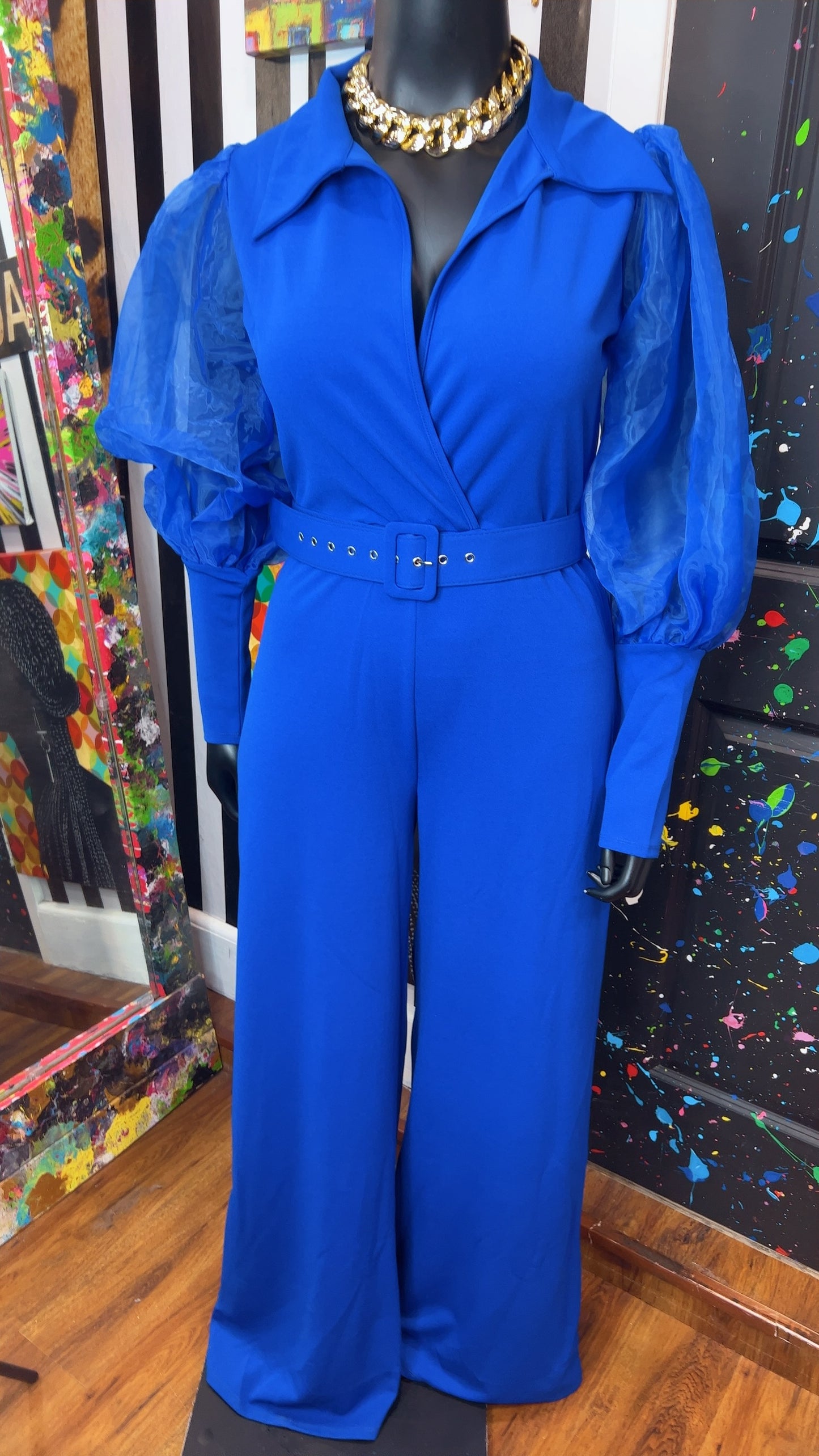 Cobalt Blue Sheer Arms Jumpsuit -New w/ Tags (14/16)