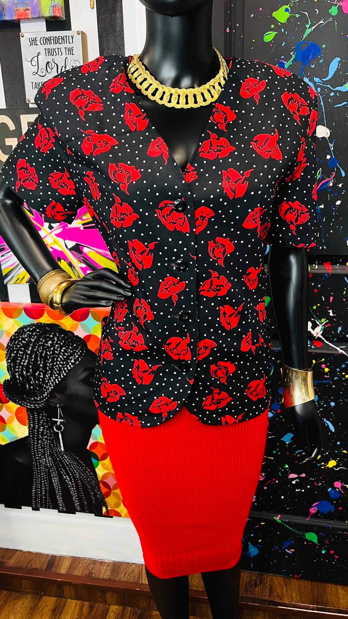 Vintage Polka Dot & Rose Blazer Blouse (12)