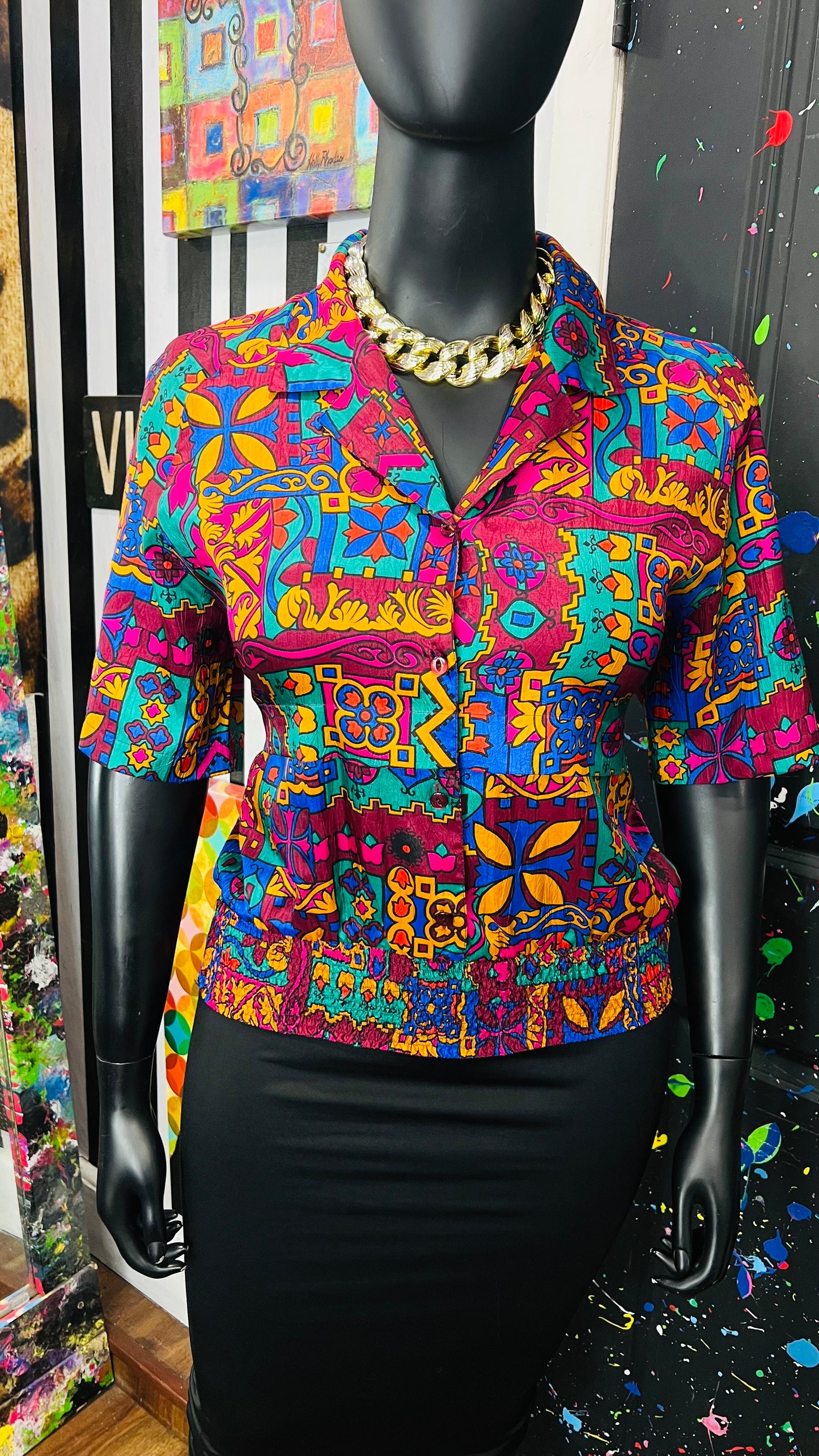 Vintage Abstact Elastic Waist Blouse (16)