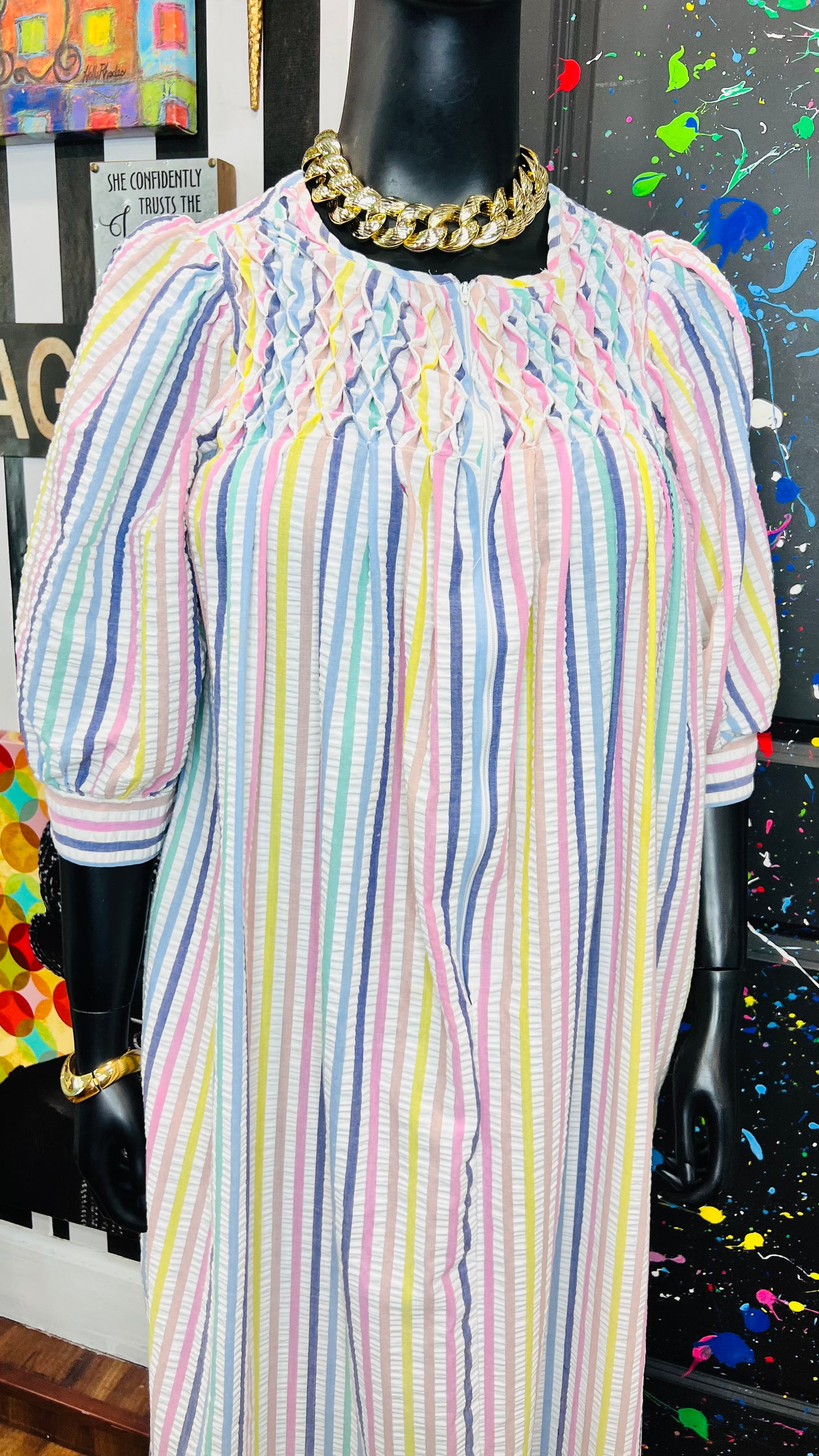 Vintage Striped Pastel Night 70’s Gown (12/14)