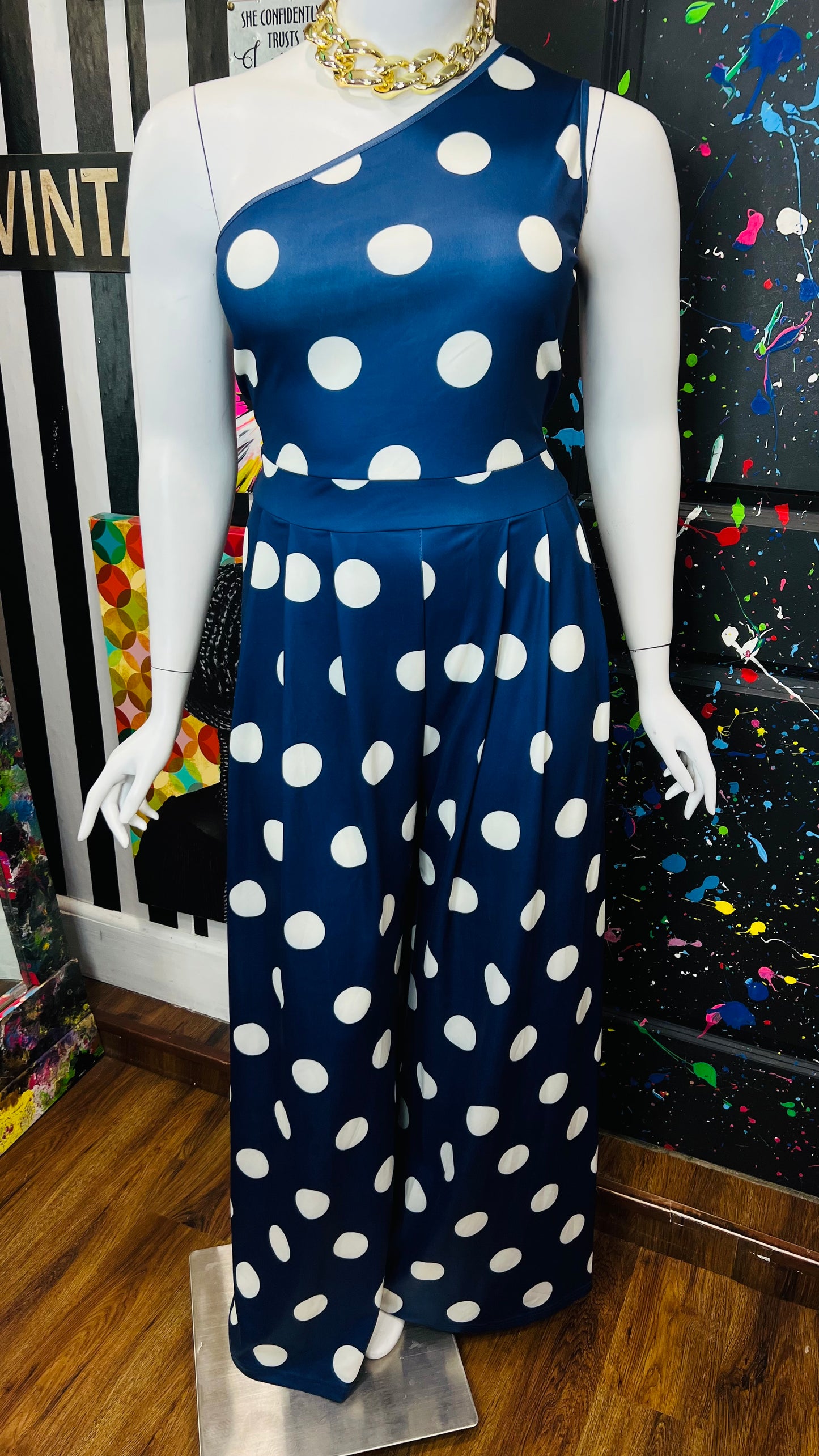 Vintage Inspired New w/ Tags Navy Blue & White Polka Dot Jumpsuit (18/20)