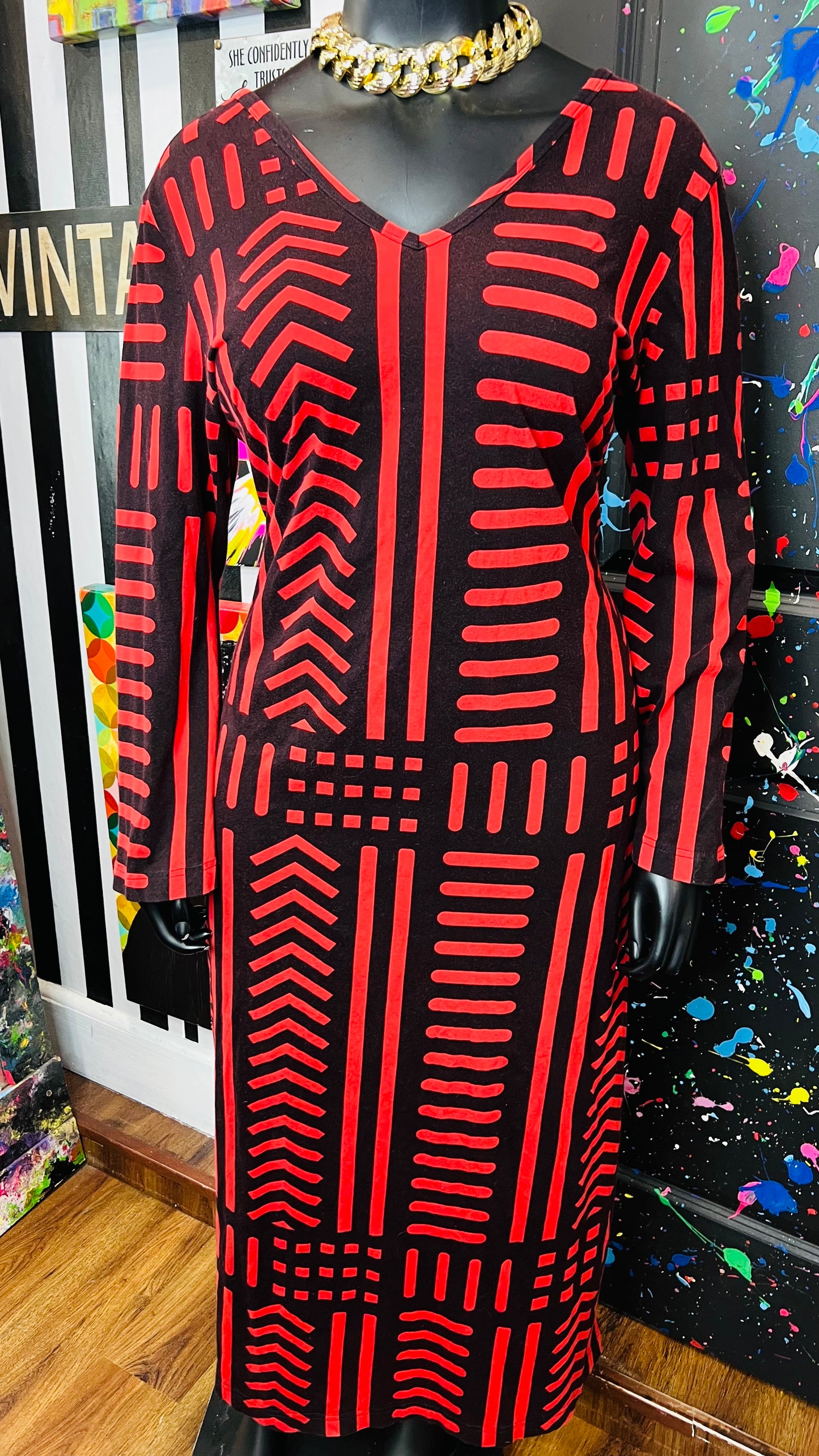 Vintage Cotton Tribal Black & Red Dress (18/20)