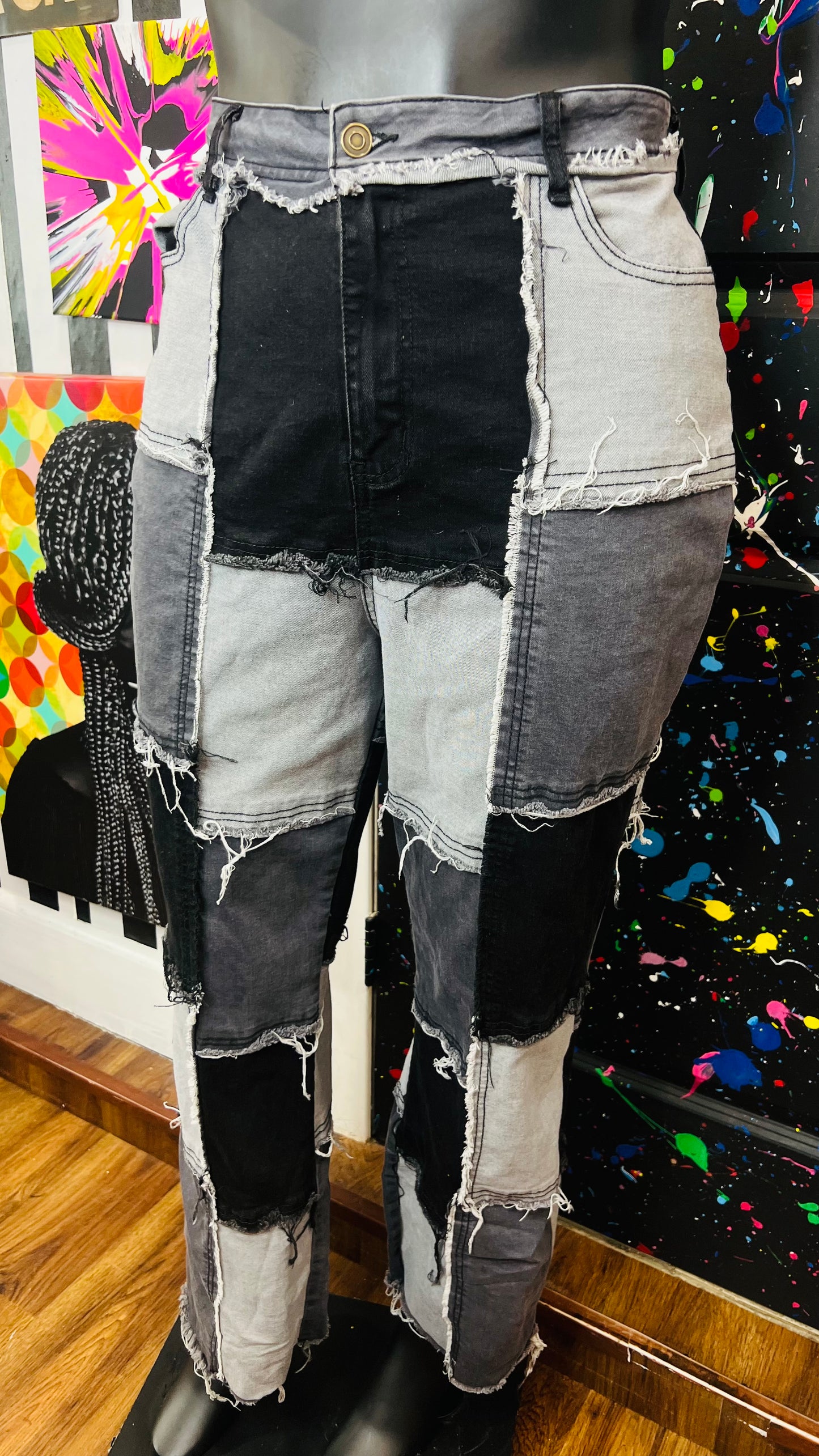 Patchwork Grey & Black Denim Stretch Jeans (16)