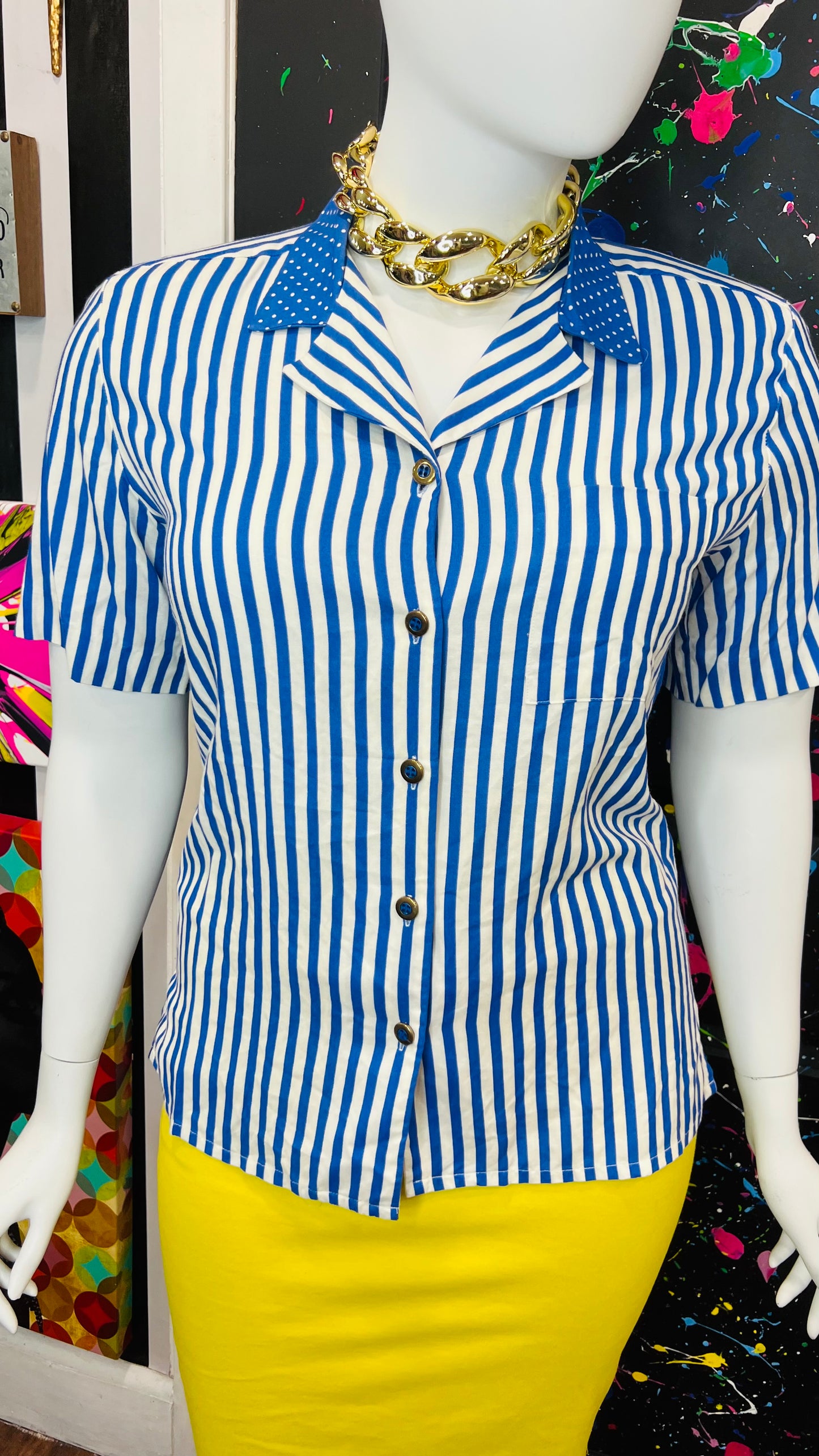 Vintage Blue & White Striped Polka Dot Blouse (14)