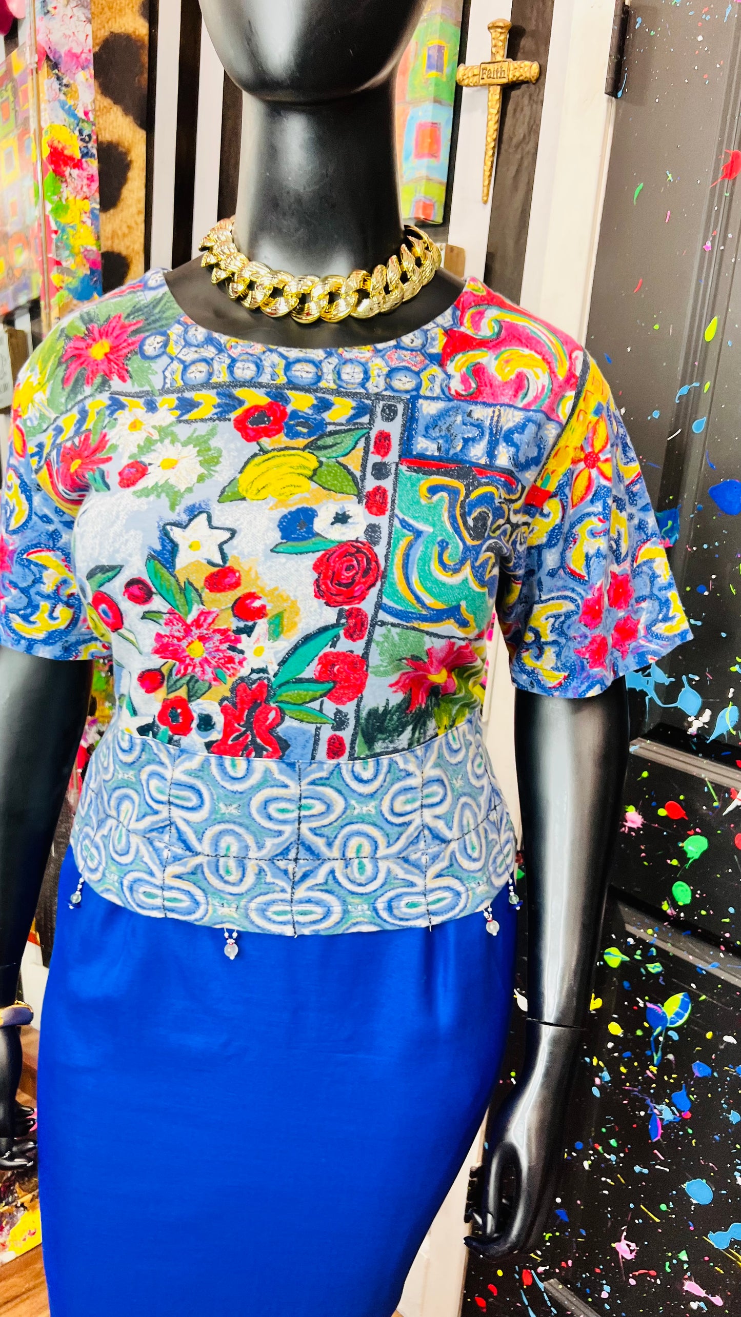 Vintage Carole Little Abstract Cotton Cropped Blouse (16/18)