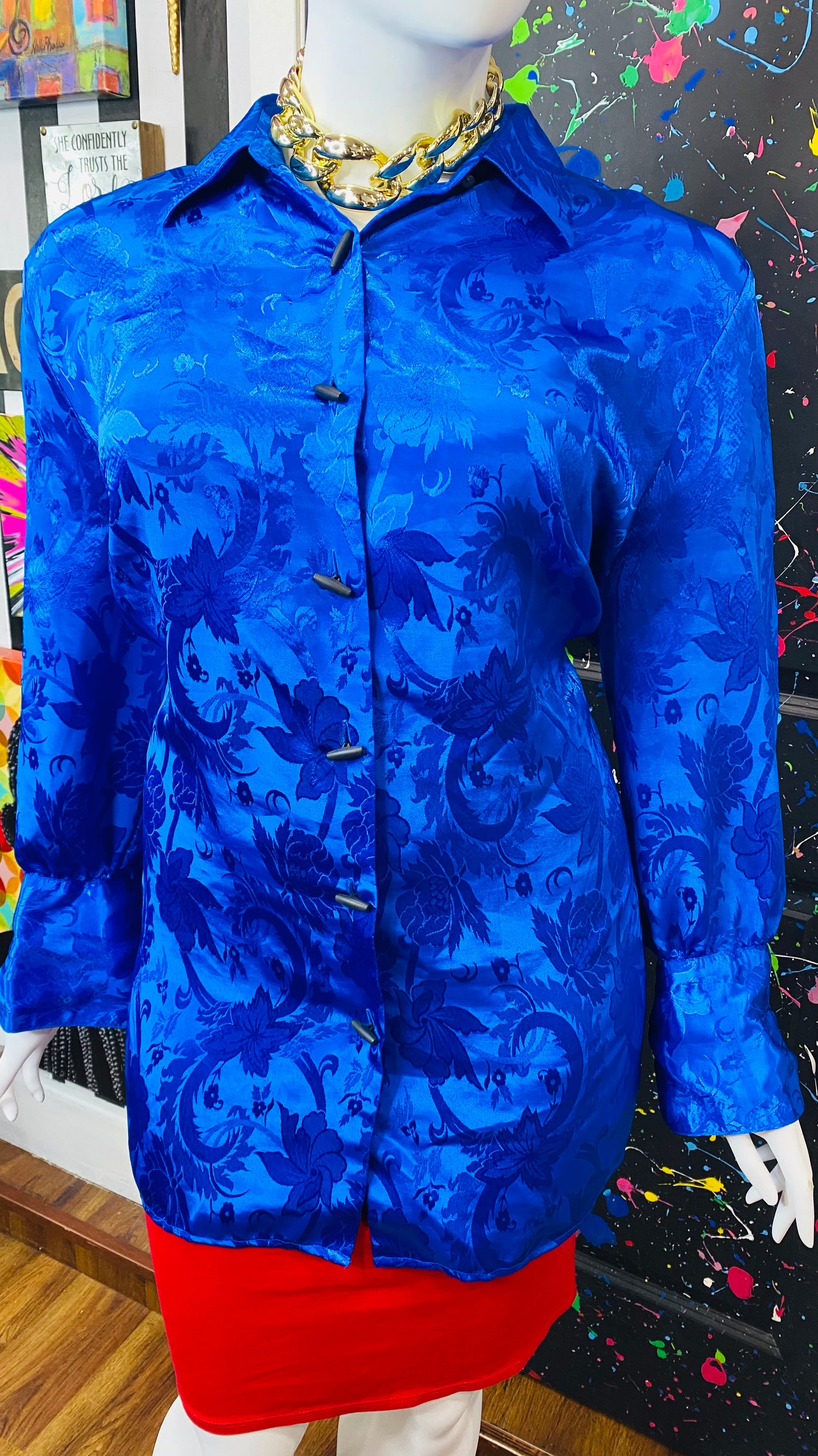 Vintage Solid Blue Paisley Print Blouse (26W)