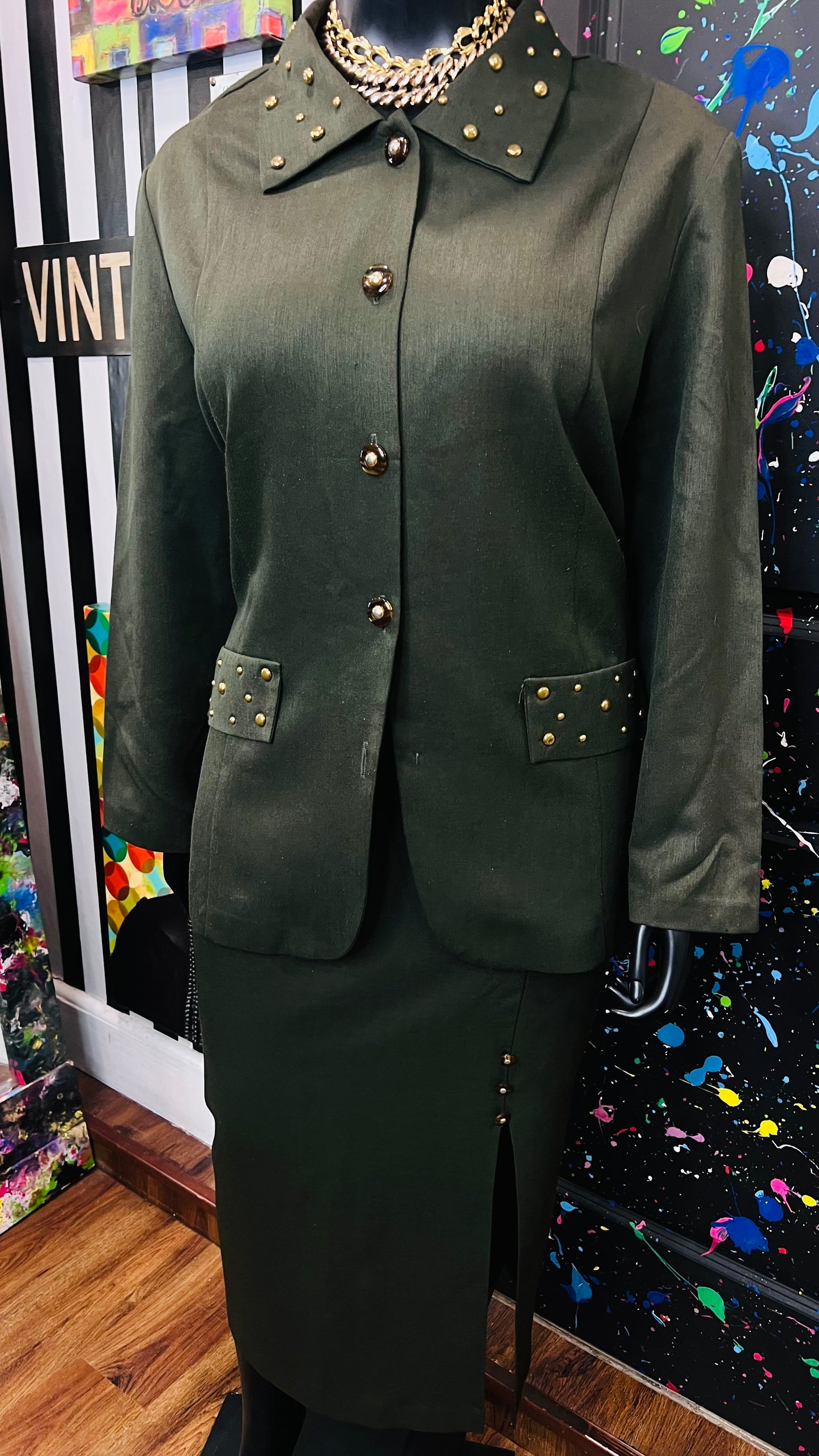 Vintage Army Green Studded Skirt Set (24W)