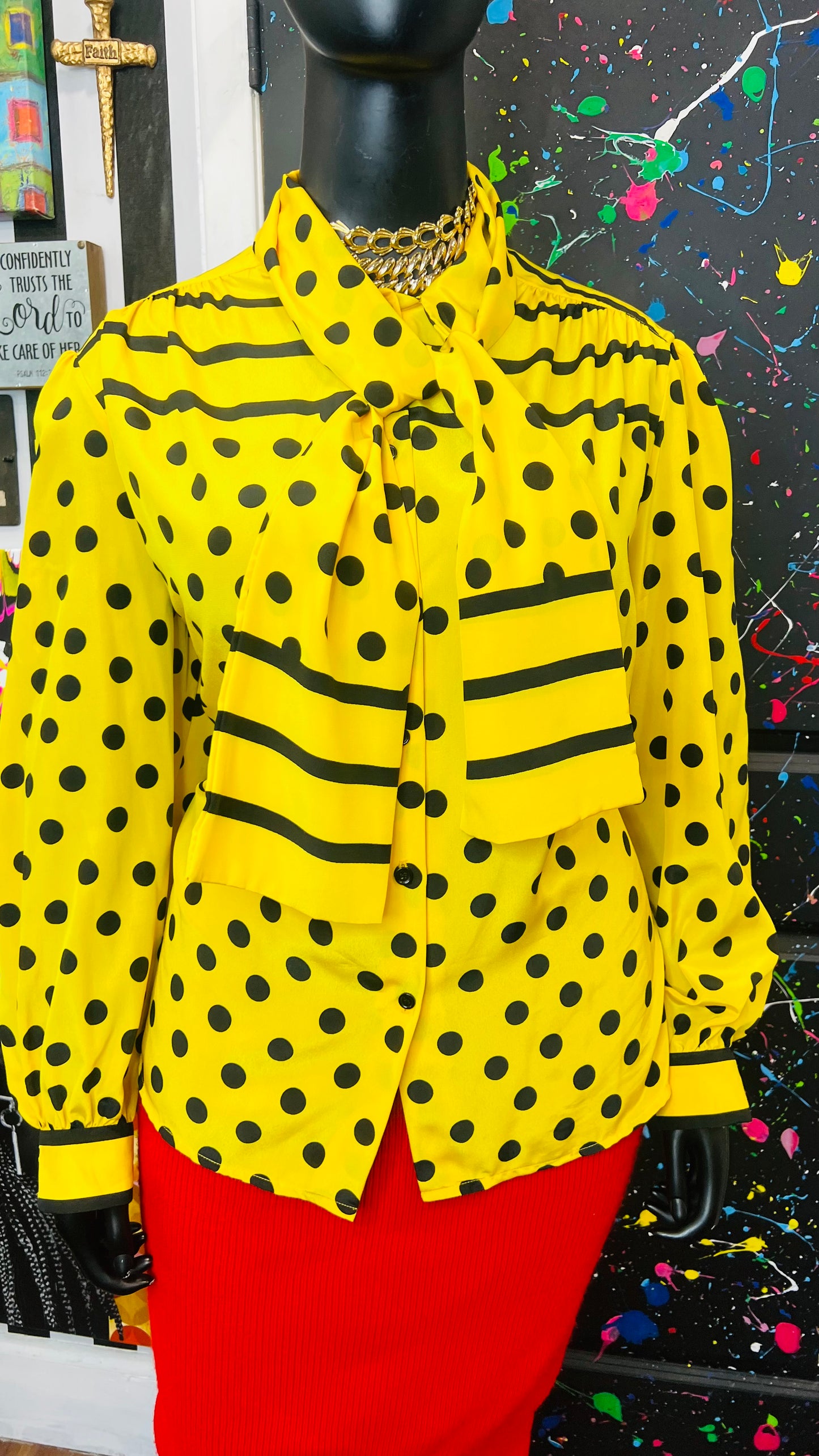 Vintage Yellow Stripes & Polka Dot Blouse (24W)