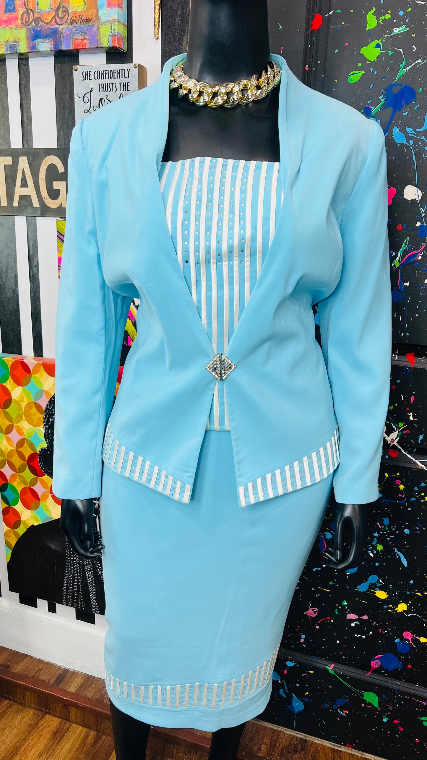 Vintage Blue & White Skirt Suit (18)