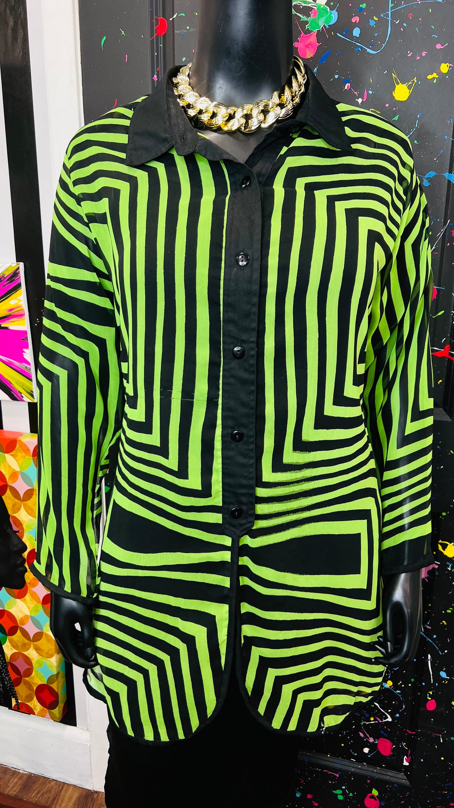 Vintage Green & Black Flowy Blouse/Swimsuit Cover (18)