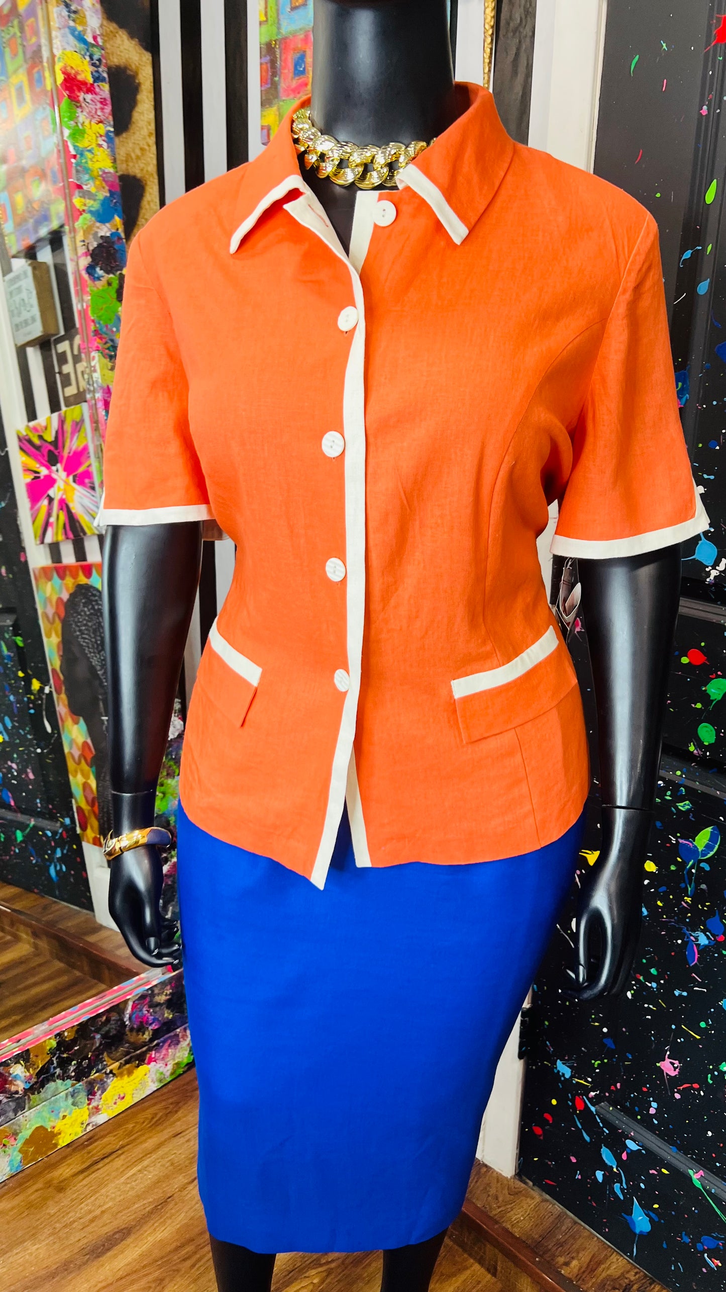 Vintage Deadstock Orange & White Blazer Blouse (20W)