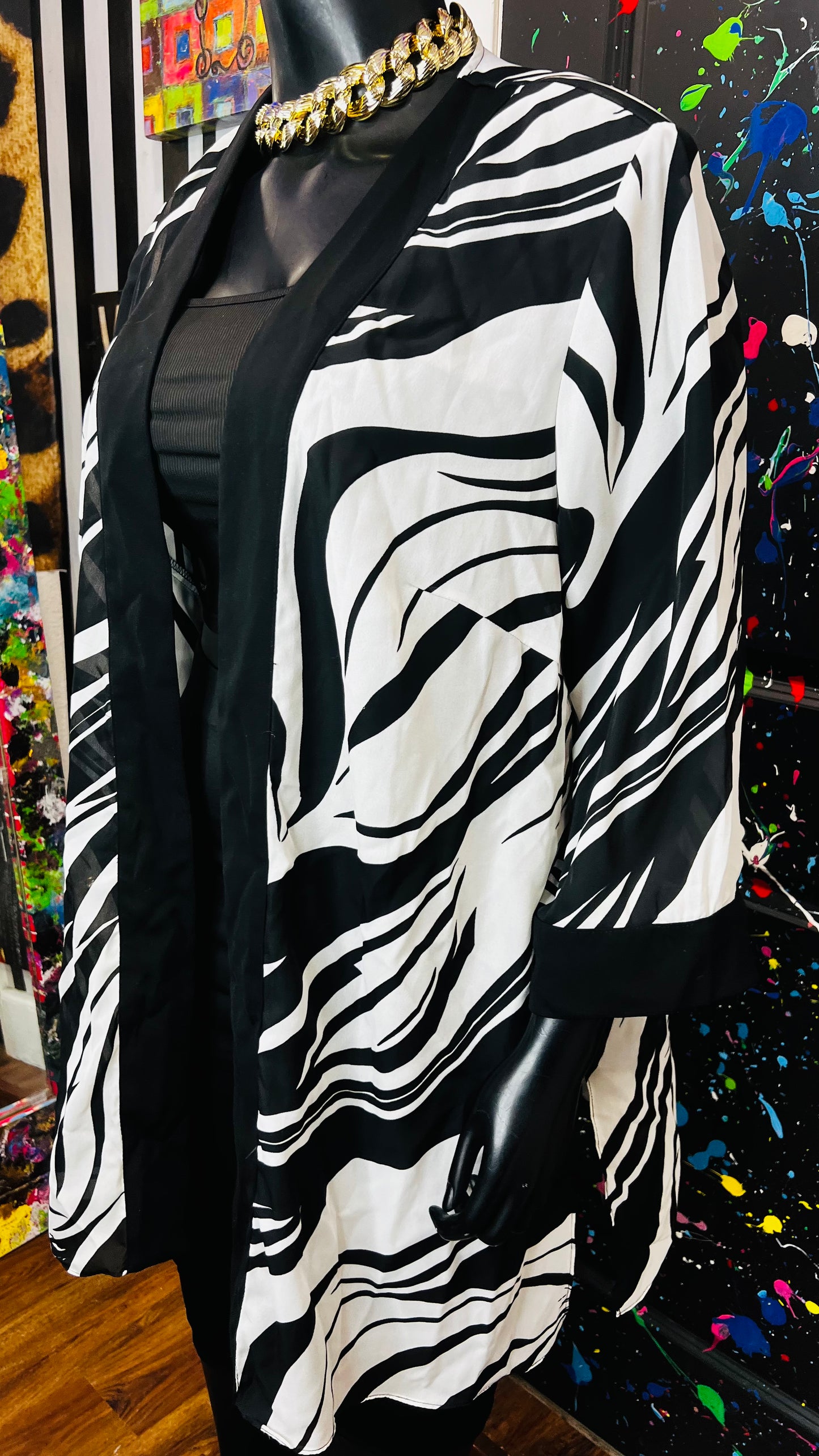 Vintage Open Black & White Sheer Duster (OS) up to 22