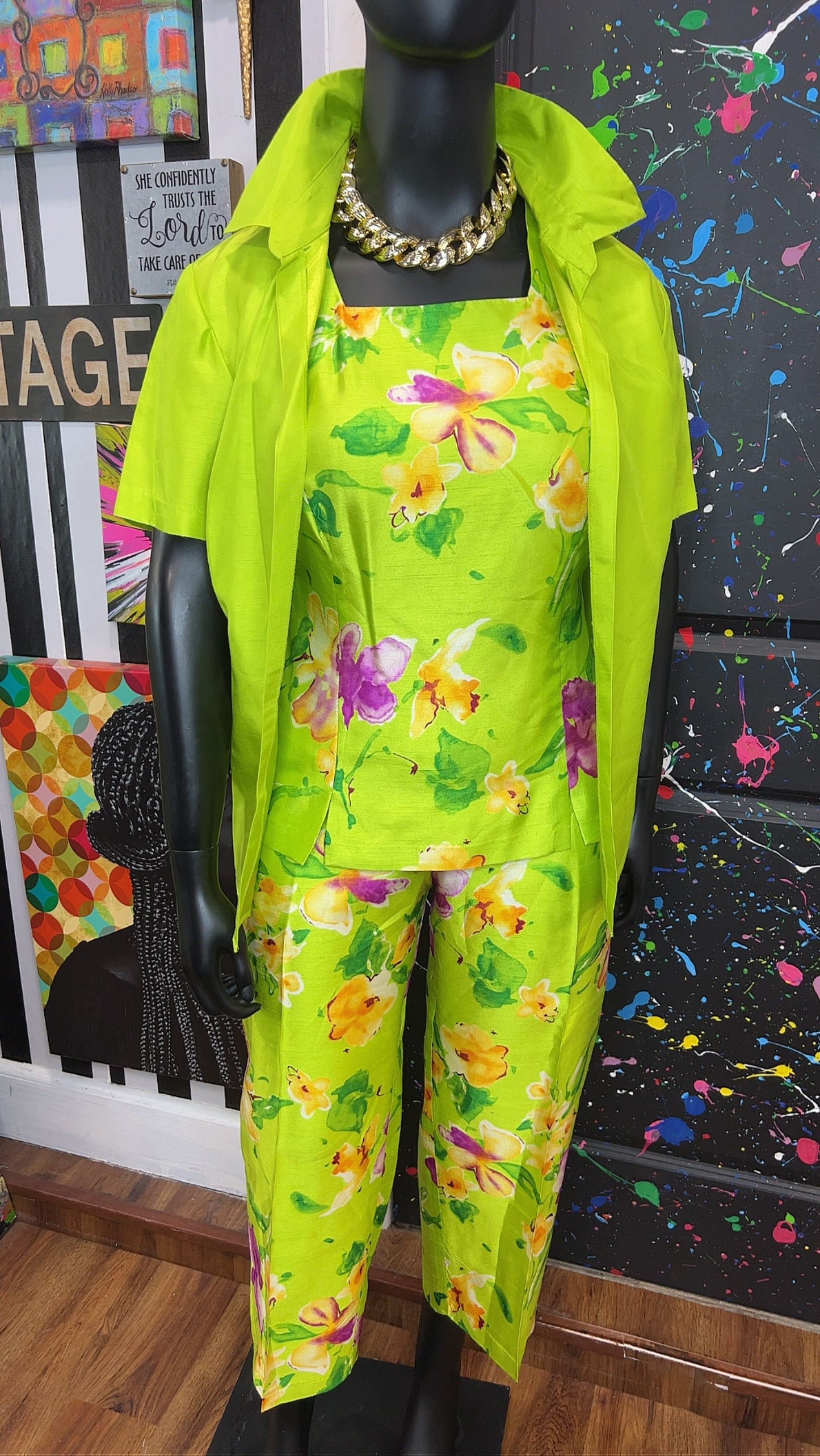 Vintage Green & Floral 3 Piece Pants Set (18W)