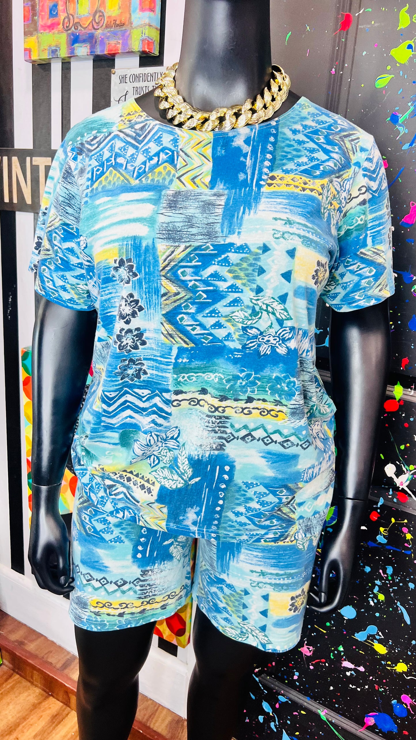 Vintage Cotton Blue Abstract Short Set (18)