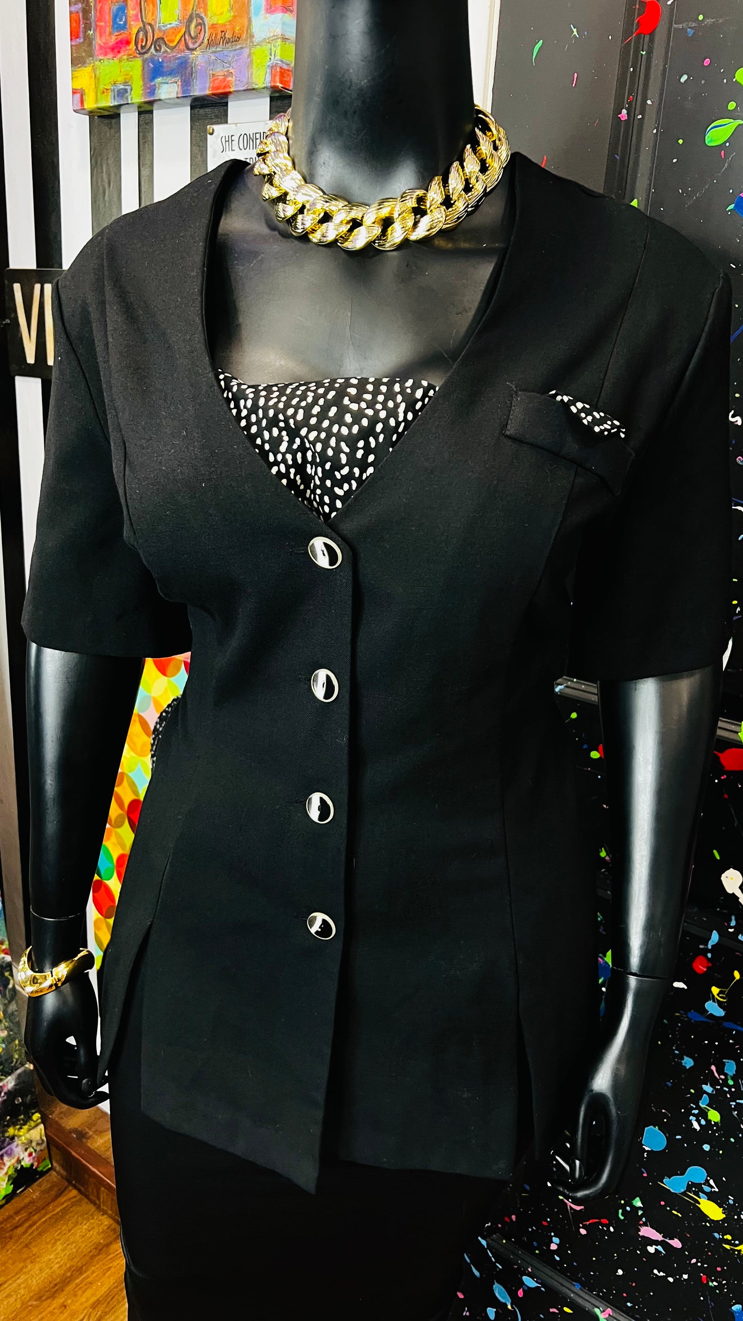 Vintage Black & Polka Dot Blazer Blouse (24W)