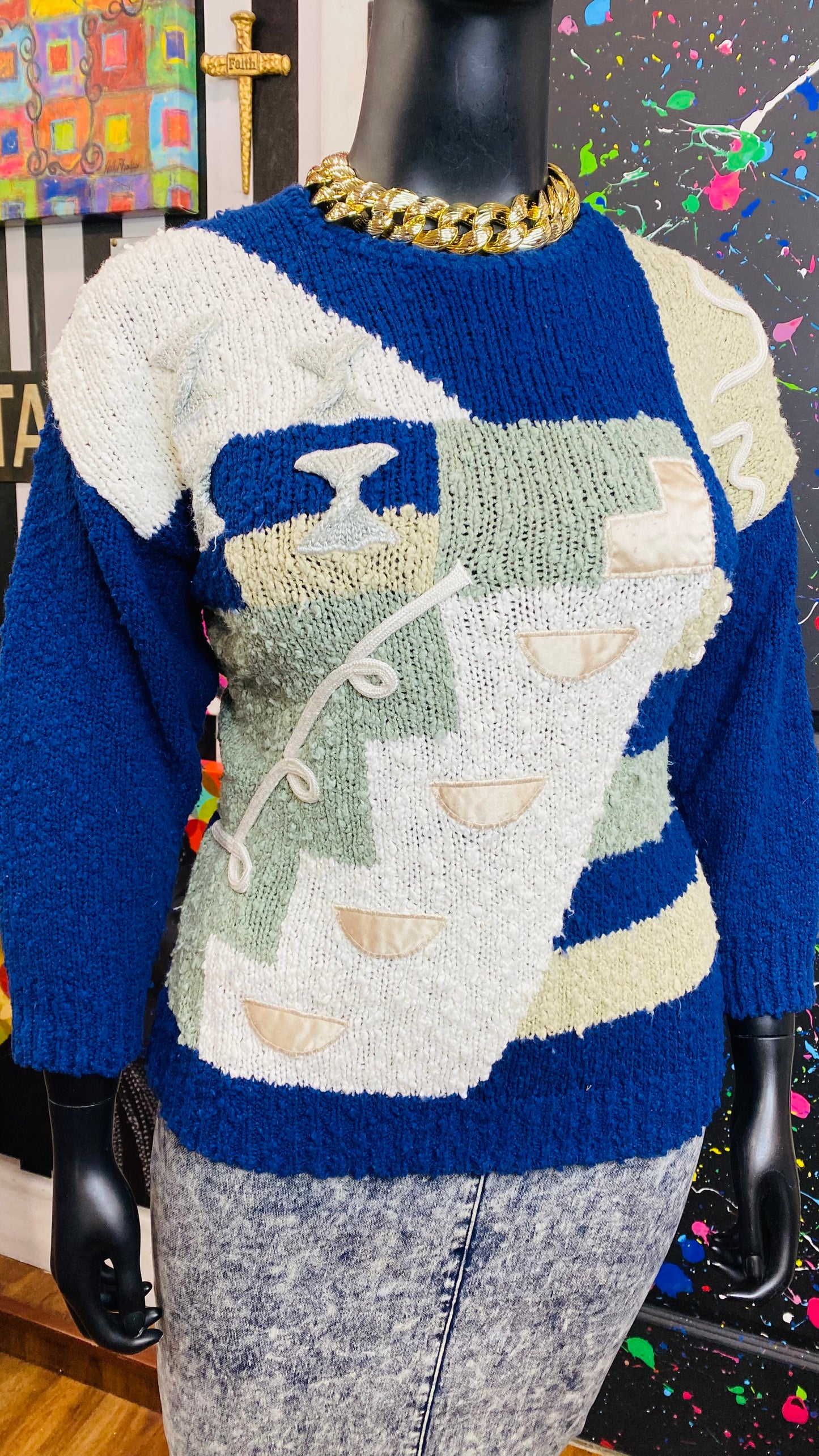 Vintage Abstract Navy Blue White & Beige Sweater (18)