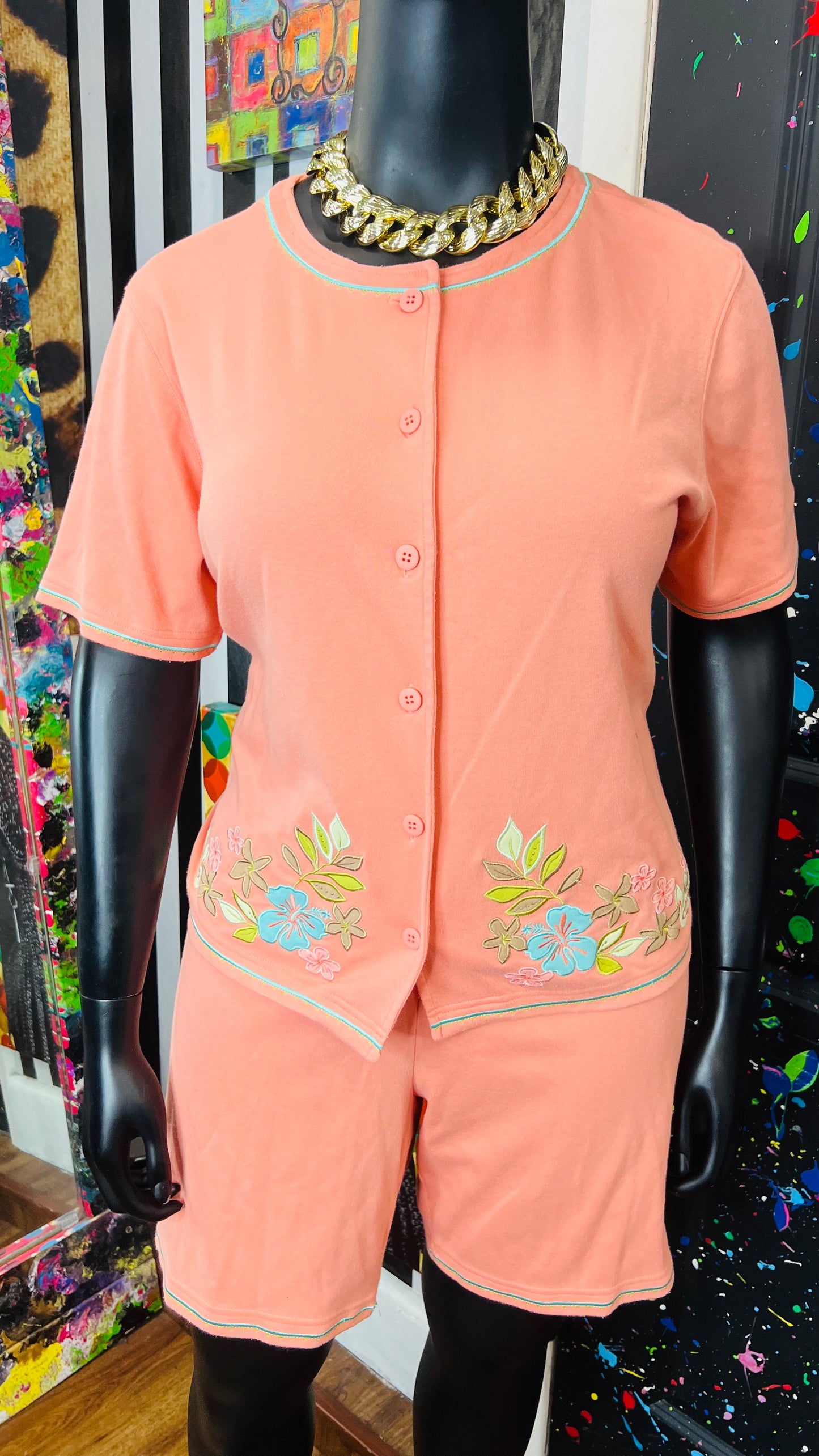 Vintage Cotton Floral Peach Shorts Set (18)