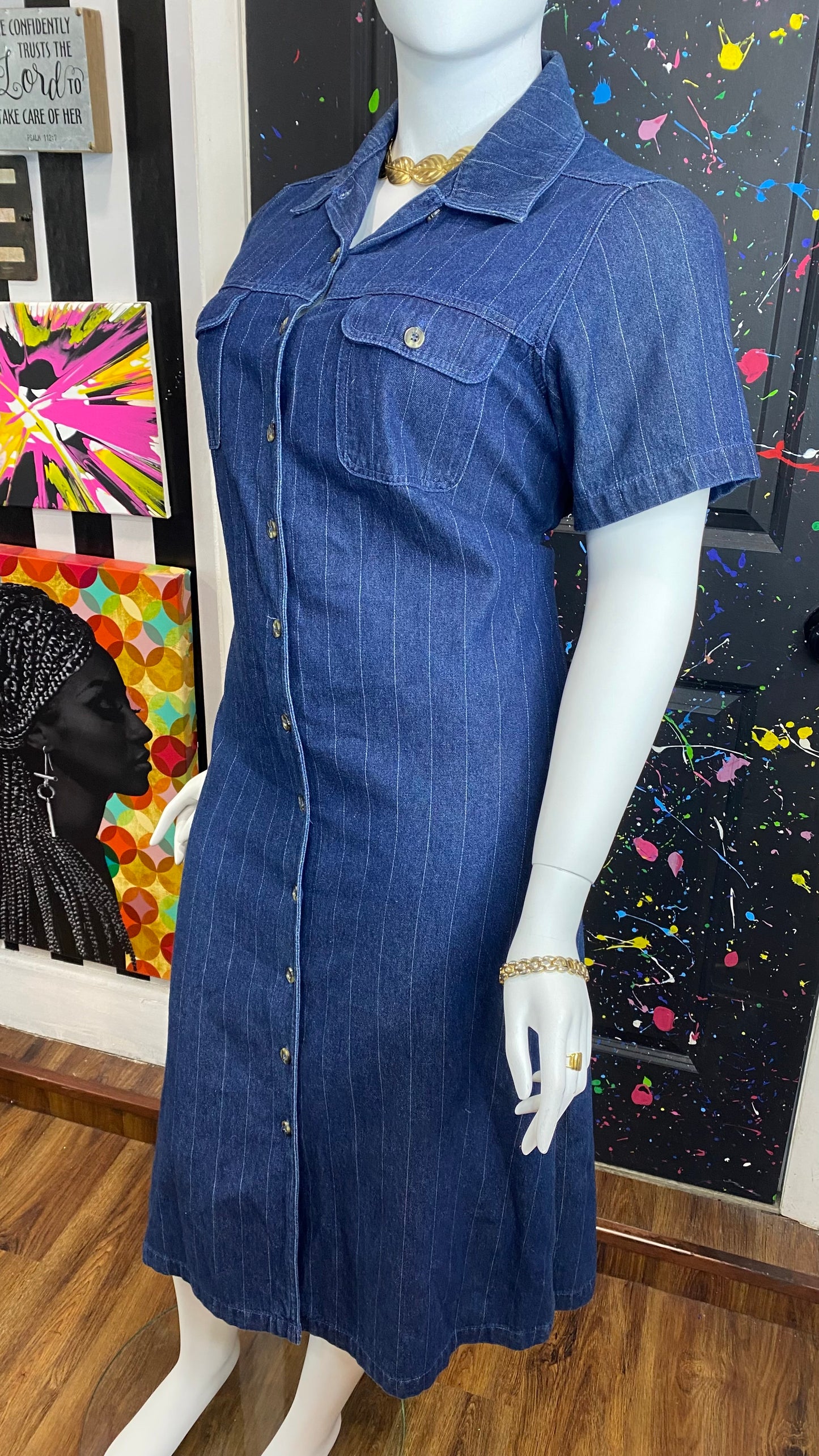 Vintage Pin Striped Denim Dress (16W)