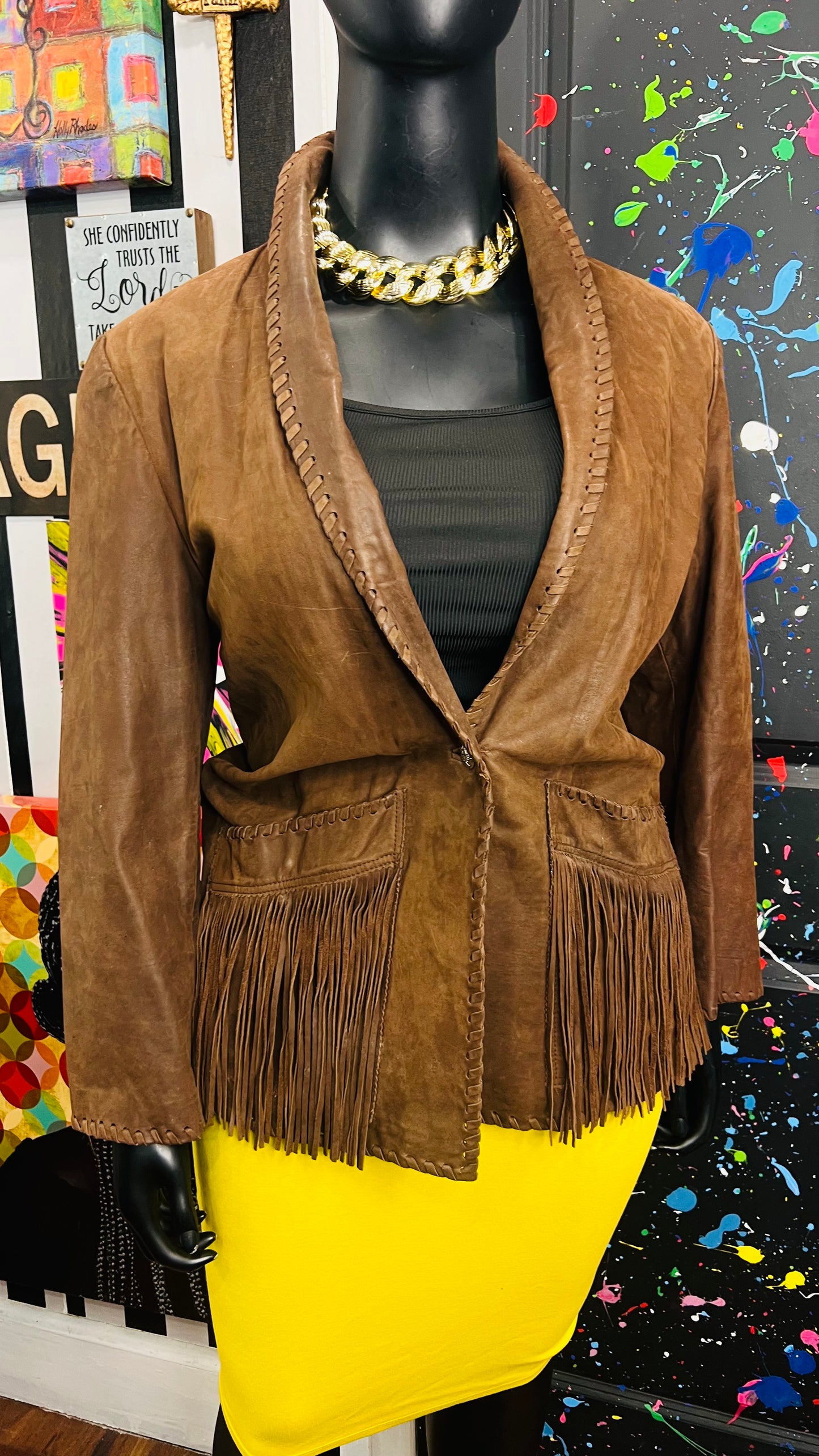 Vintage Genuine Leather Brown Fringe Blazer (18)