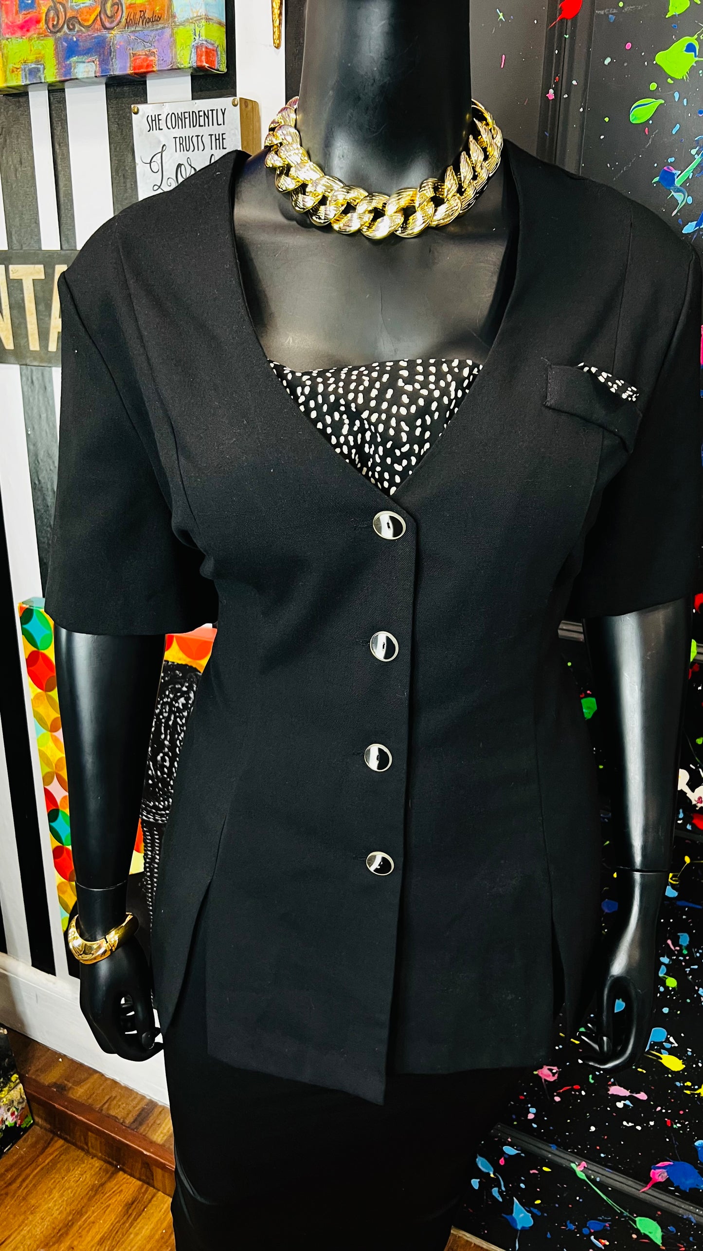 Vintage Black & Polka Dot Blazer Blouse (24W)