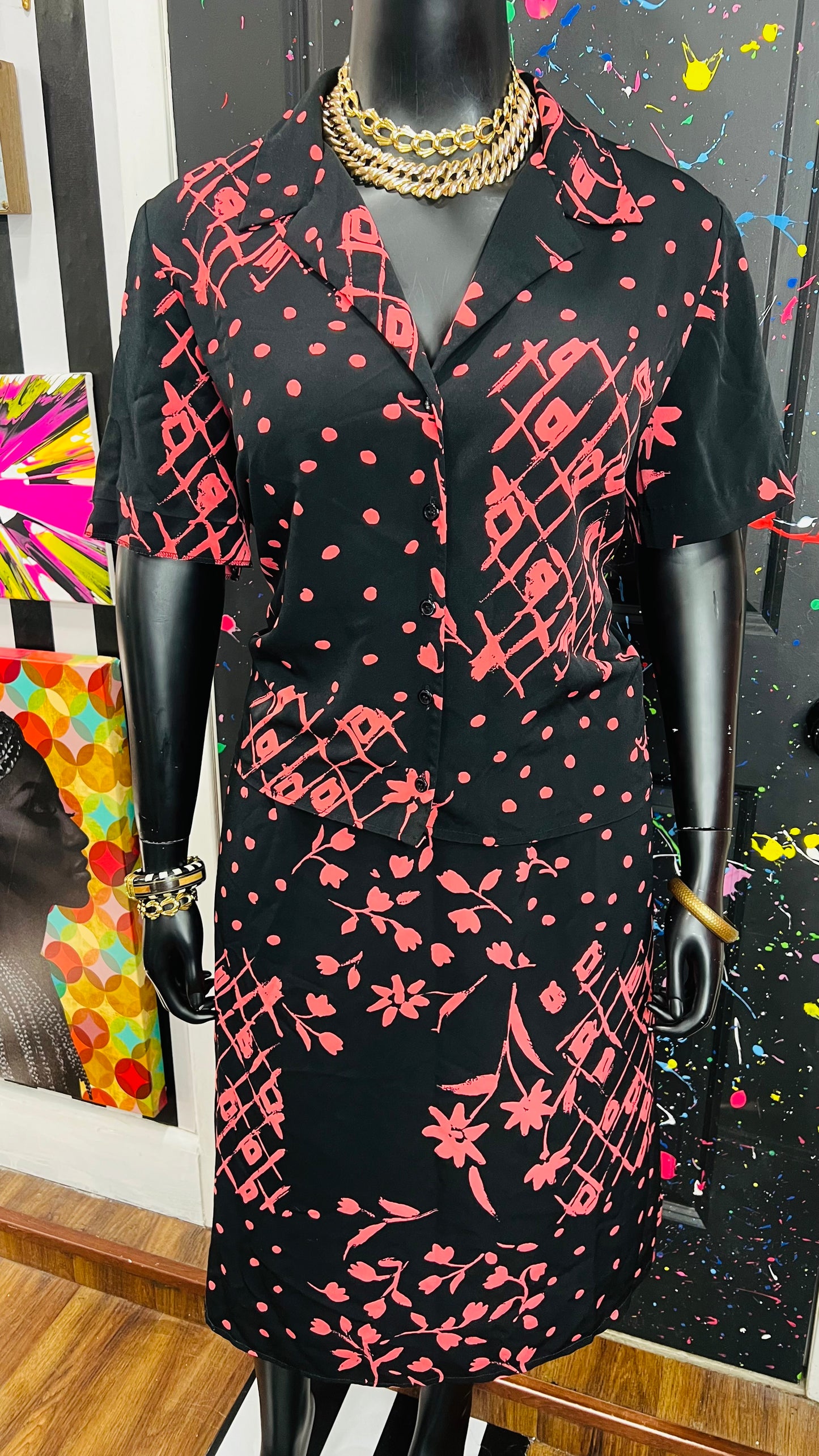 Vintage Pink, Black Polka Dot & Floral Skirt Set (18W)