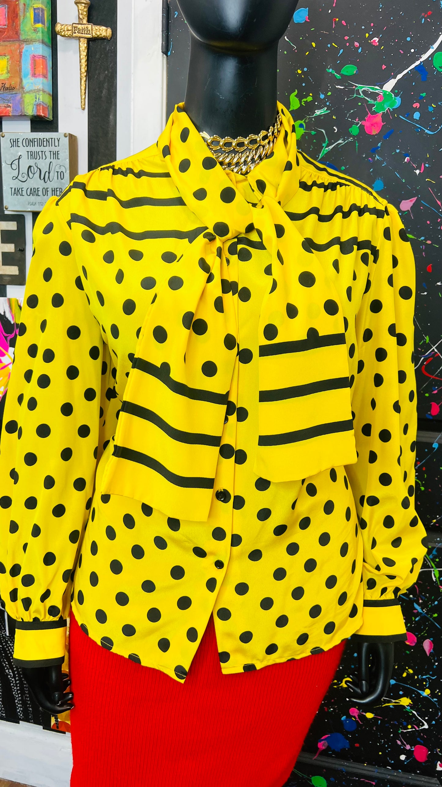 Vintage Yellow Stripes & Polka Dot Blouse (24W)