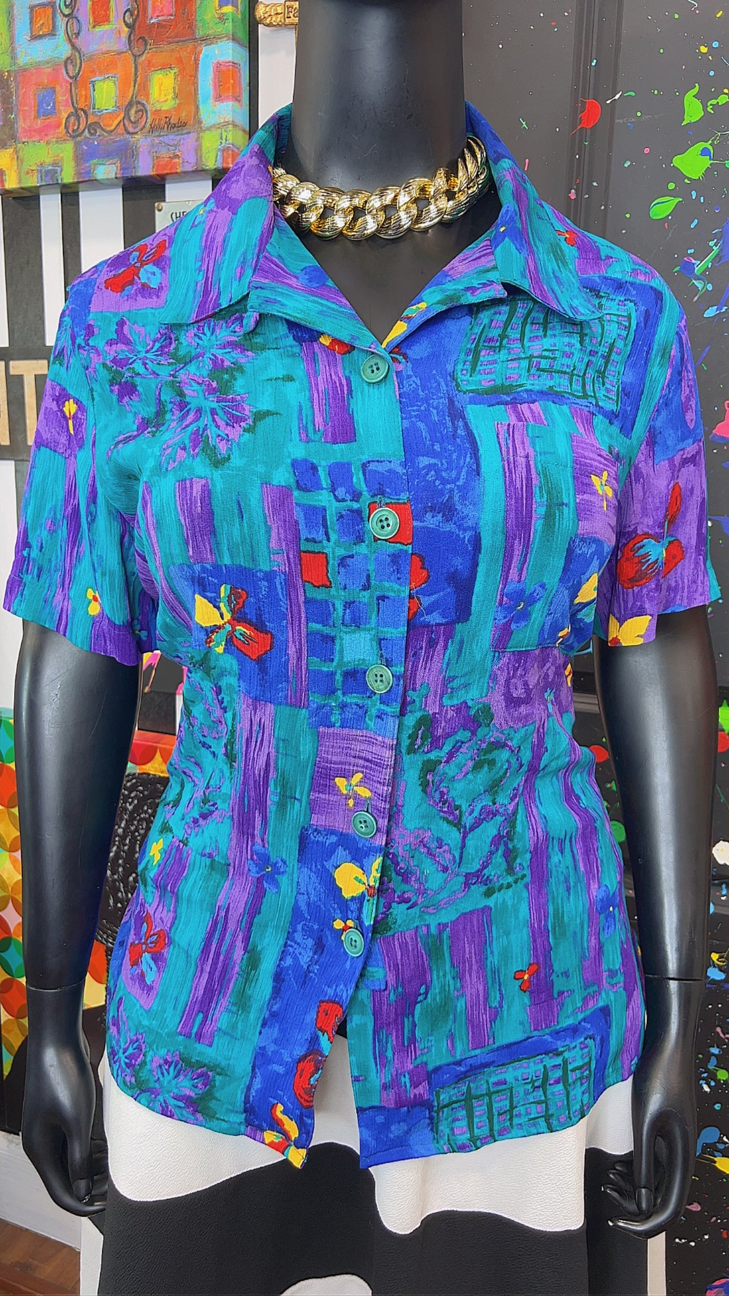 Vintage Rayon Watercolor Floral Blouse (22)