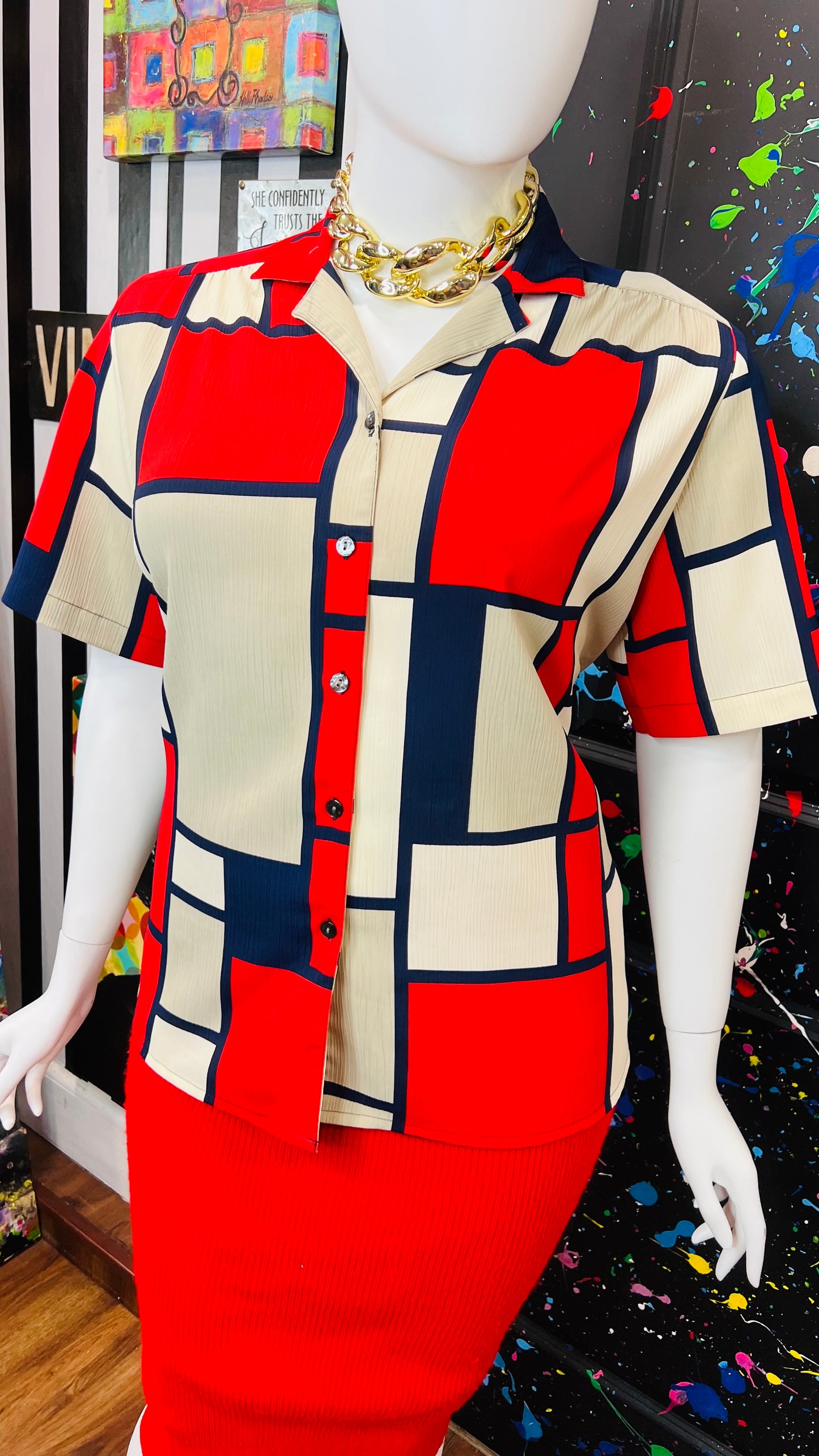 Vintage Navy Blue, Red & Cream Block Blouse (18W)