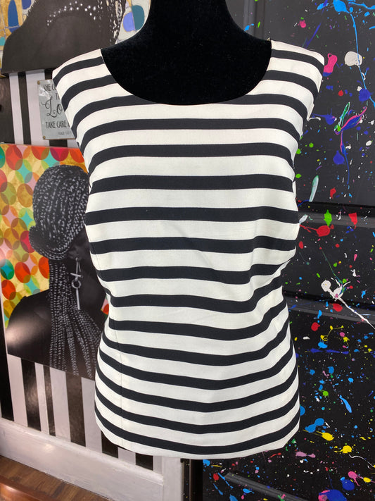 Vintage White & Black Striped Sleeveless Blouse