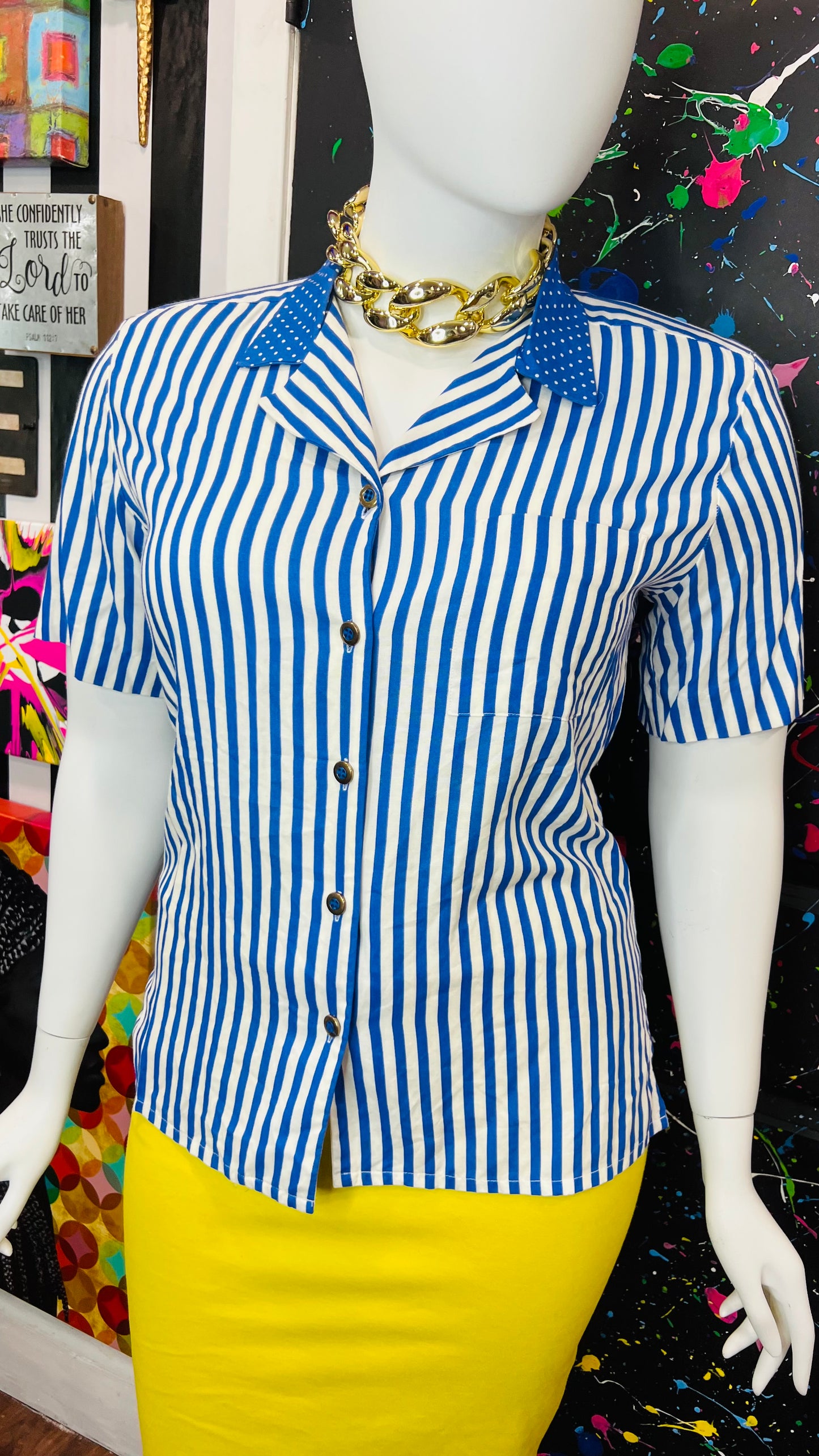 Vintage Blue & White Striped Polka Dot Blouse (14)