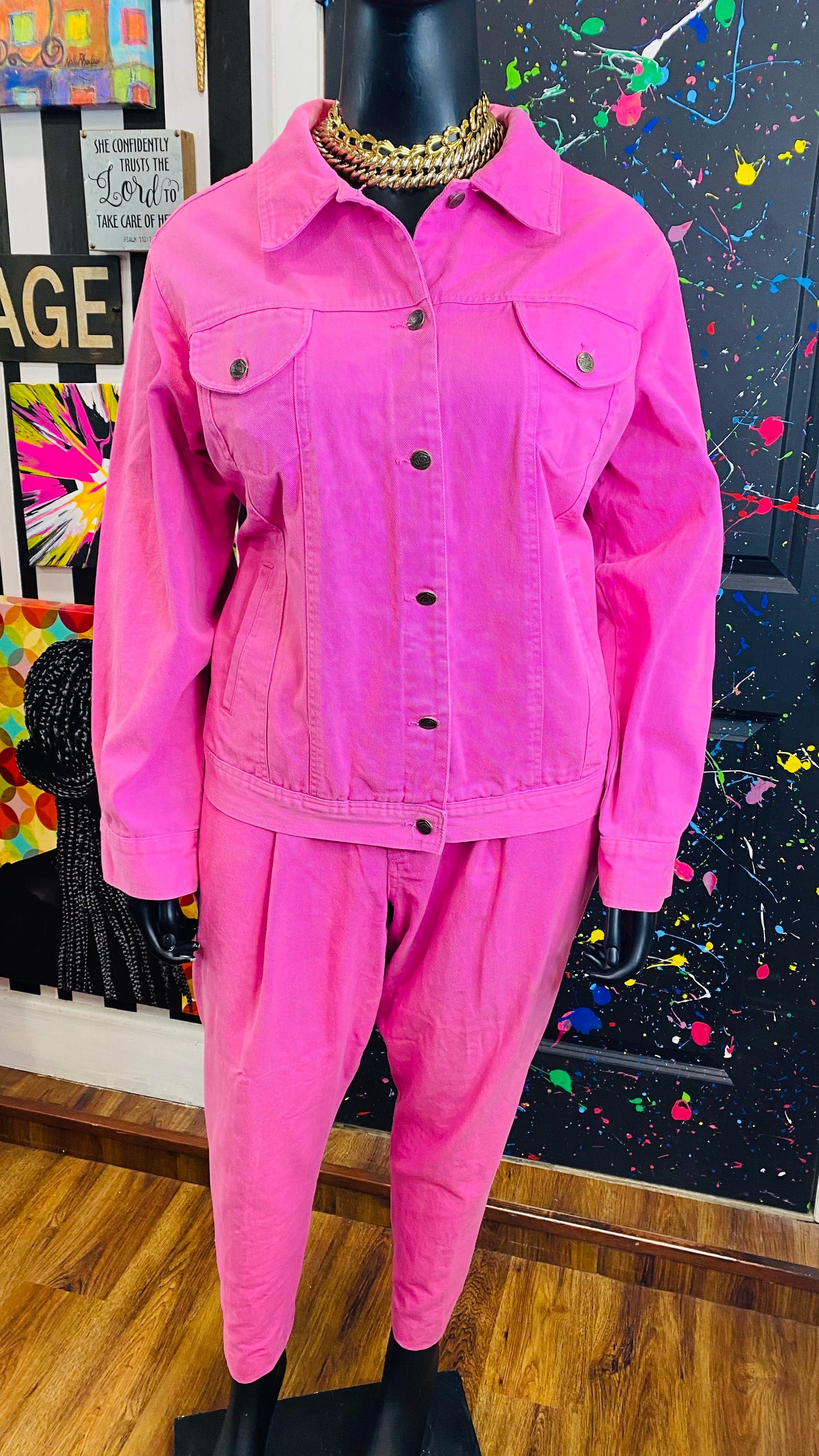 Vintage 90’s Red Denim Set- Pink Jeans & Denim Jacket (26W)