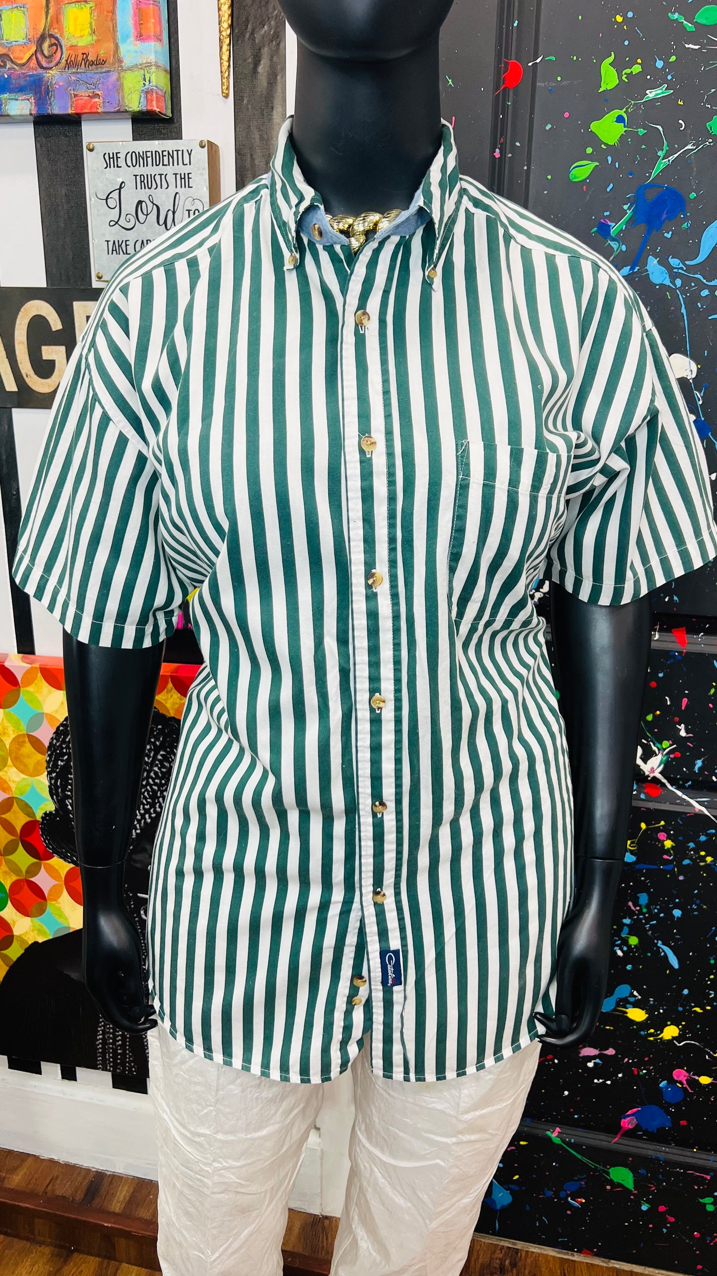 Vintage Cotton Green & White Catalina Striped Blouse (22)