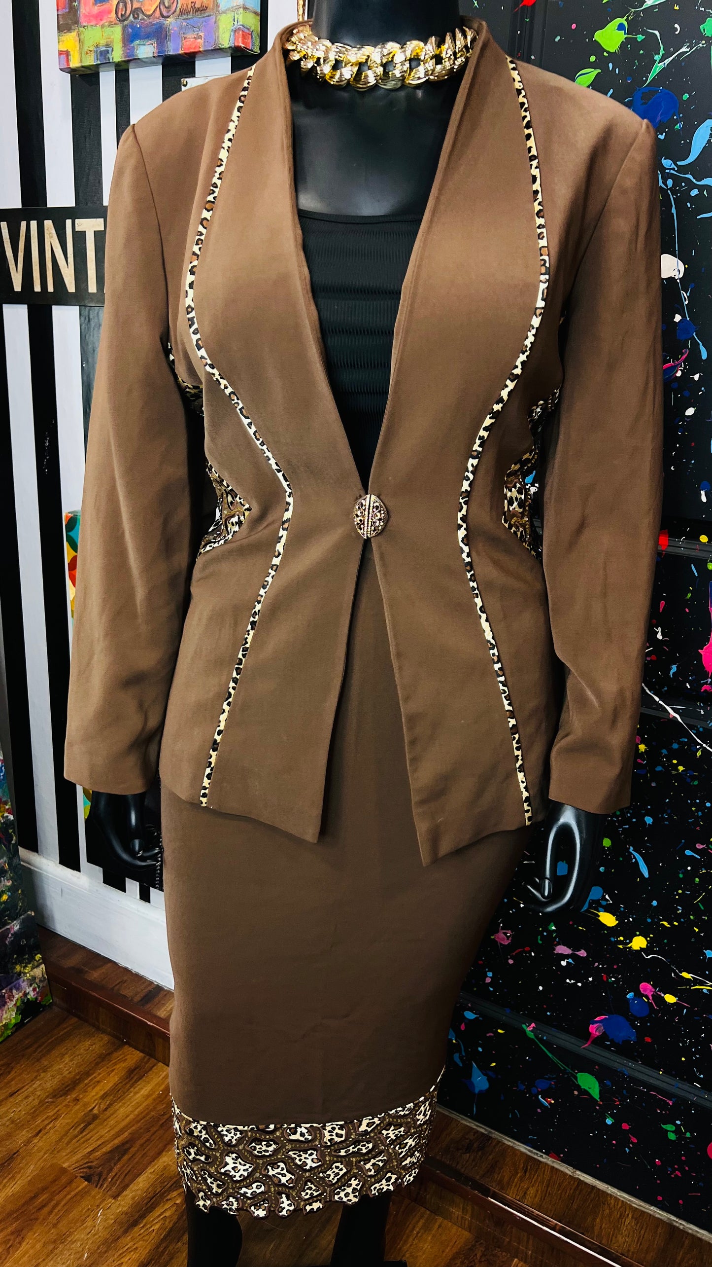 Vintage Chocolate & Animal Print Skirt Suit (18)