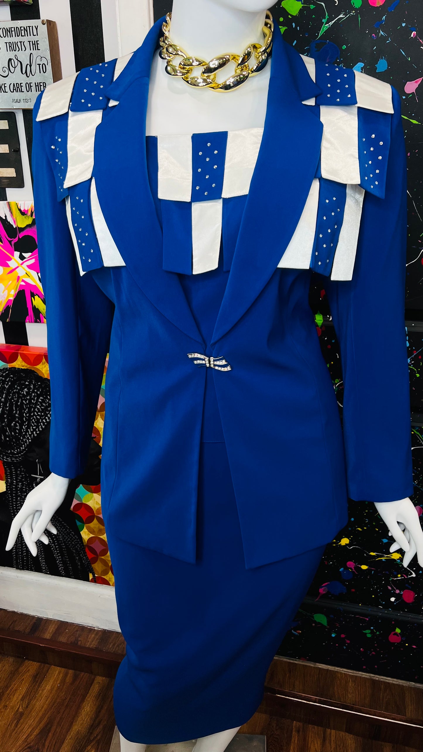 Vintage Blue & White Rhinestone Business Suit (20)