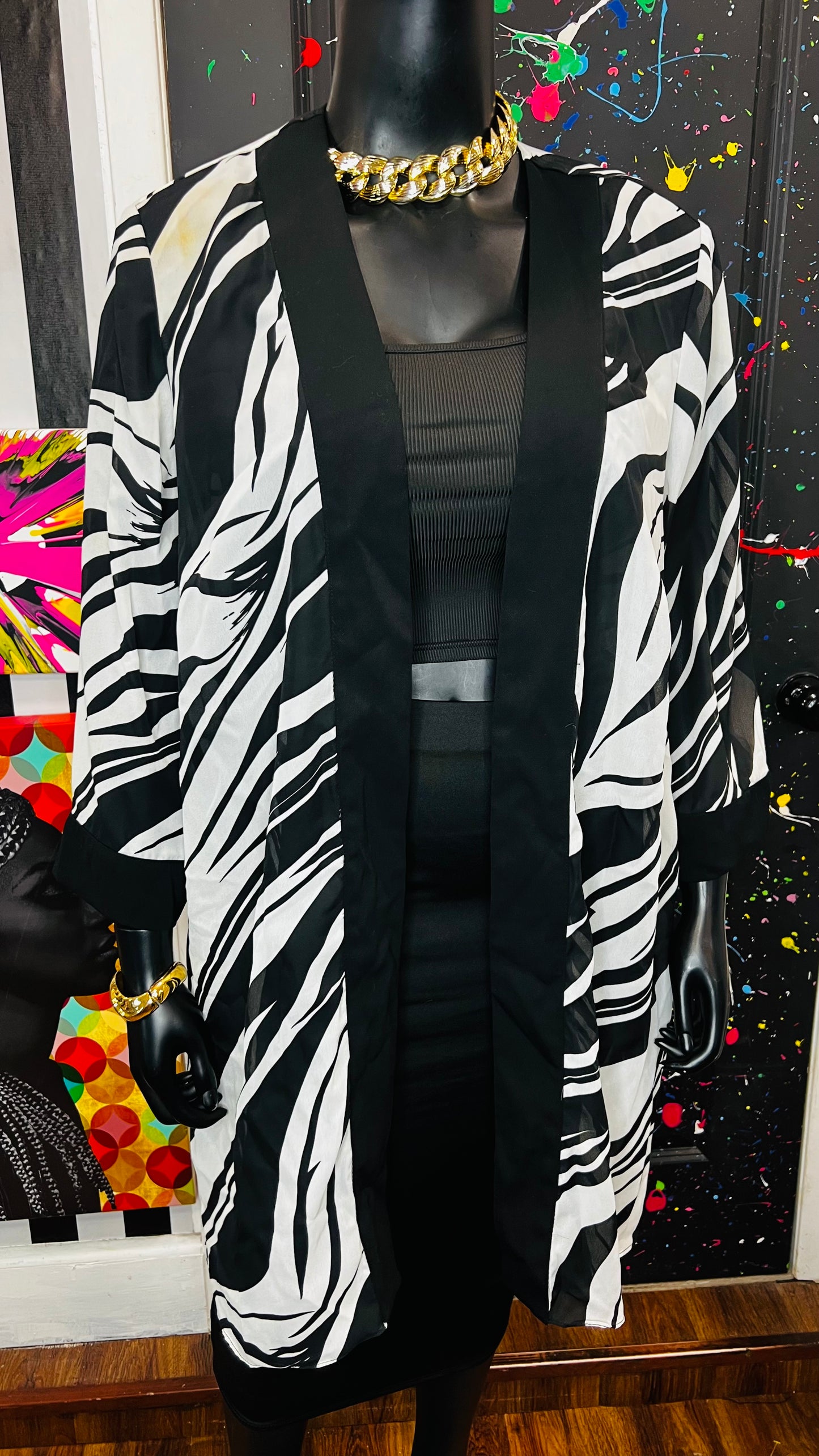 Vintage Open Black & White Sheer Duster (OS) up to 22