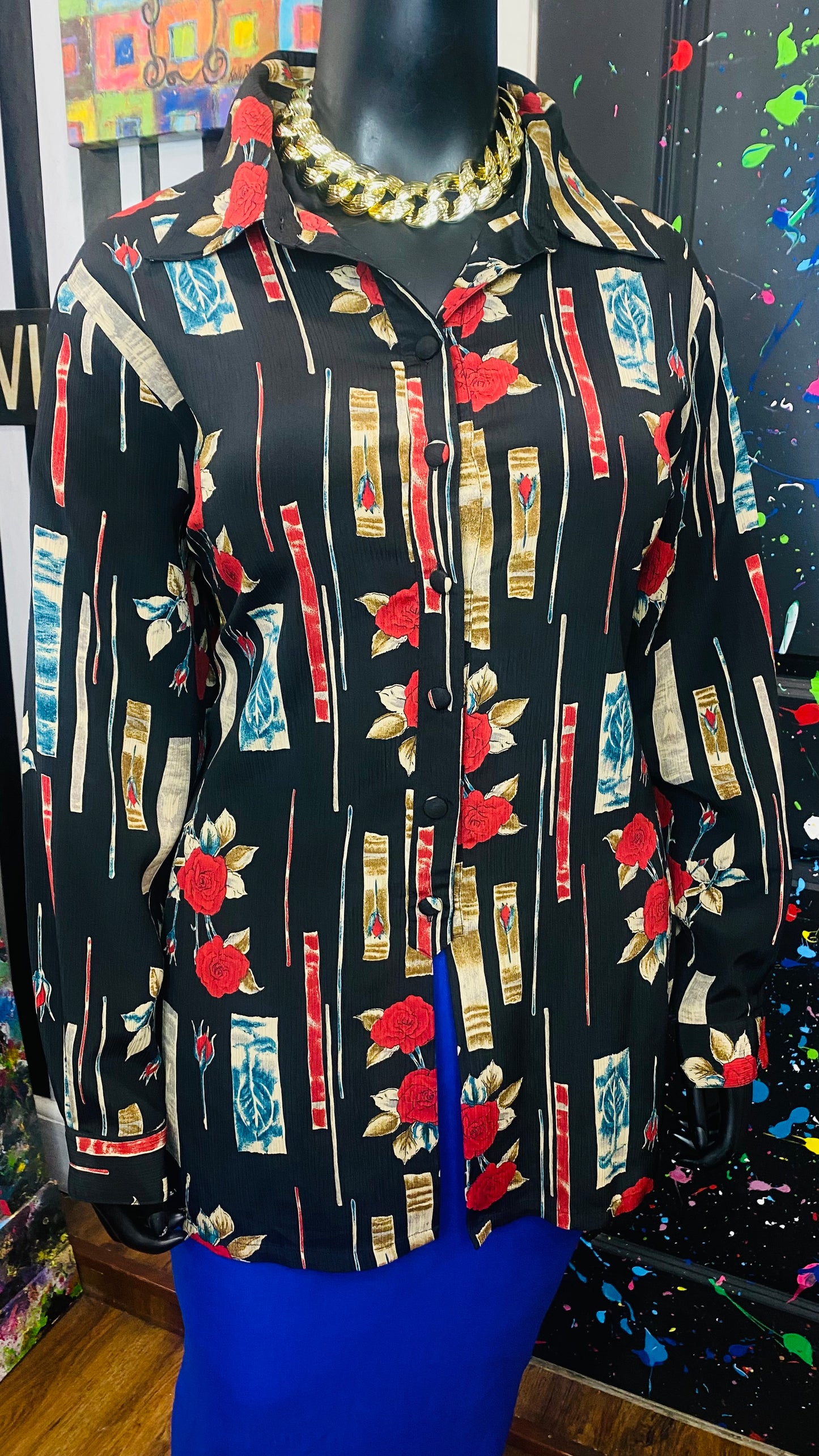 Vintage Black Blue & Red Rose Blouse (22)