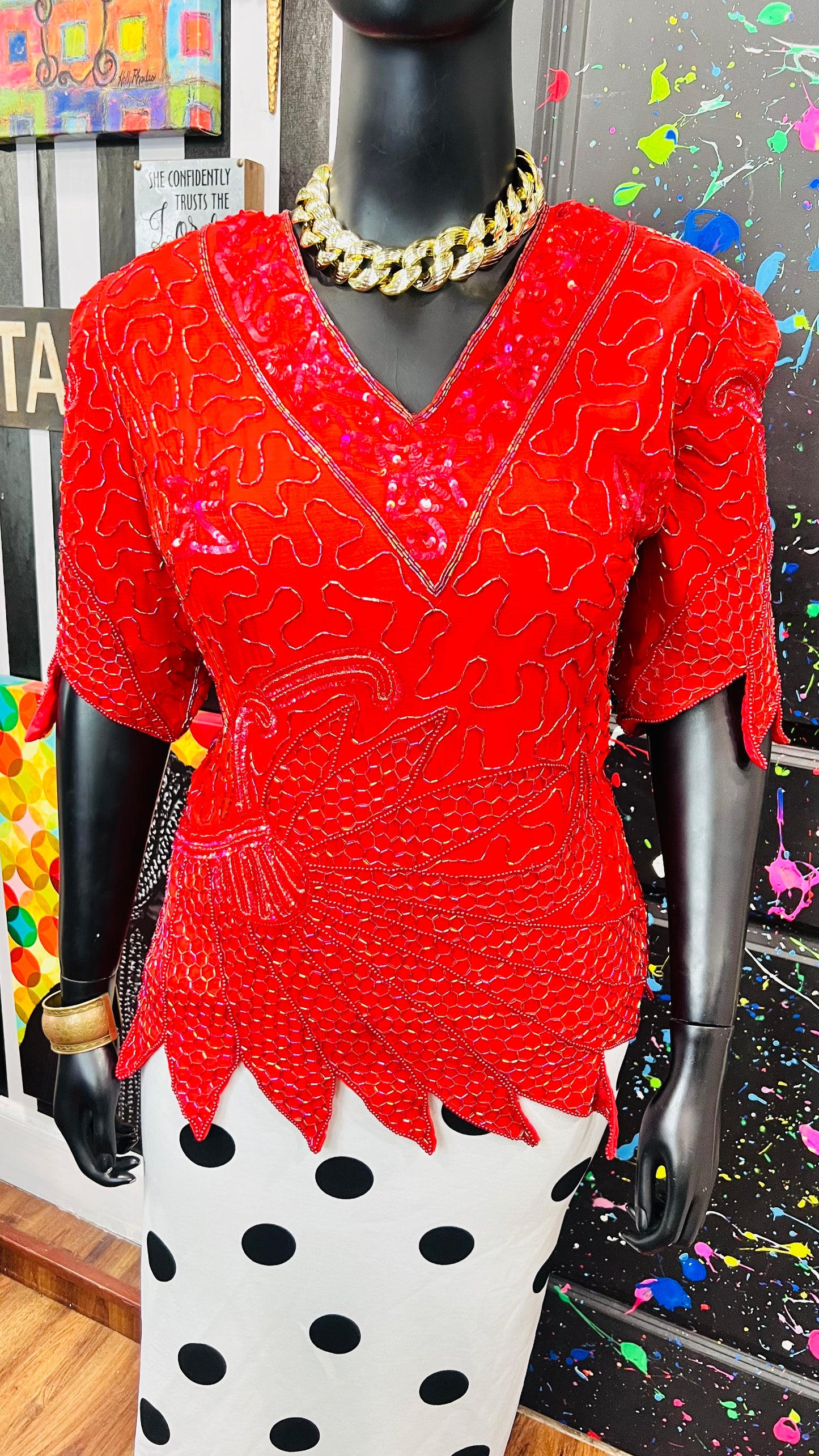 Vintage 100% Silk Red Sequin Blouse (24)