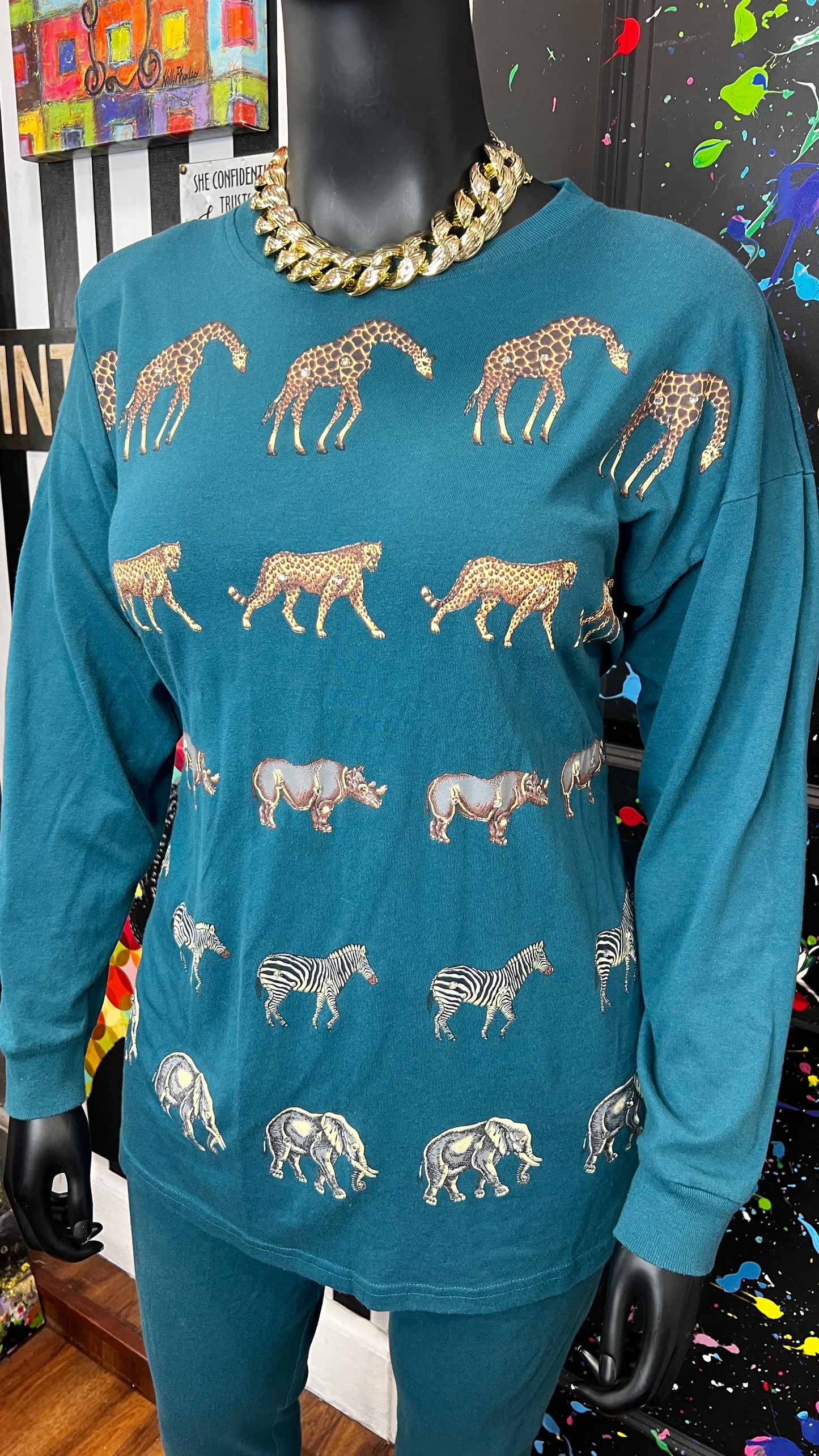 Vintage Cotton Animal Print & Jewel Top Pants Set
