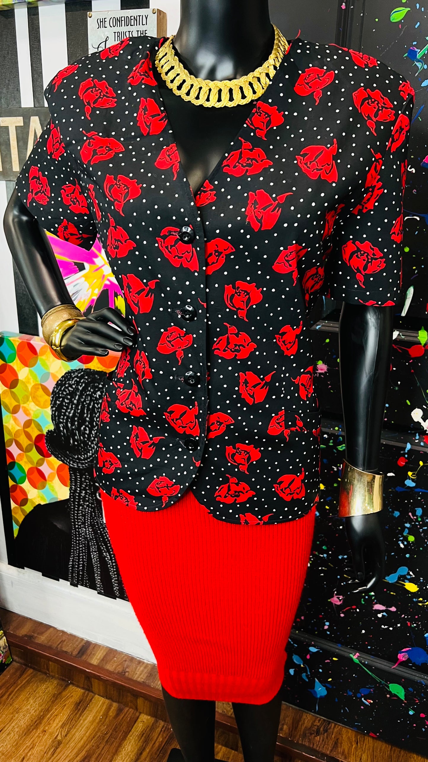 Vintage Polka Dot & Rose Blazer Blouse (12)