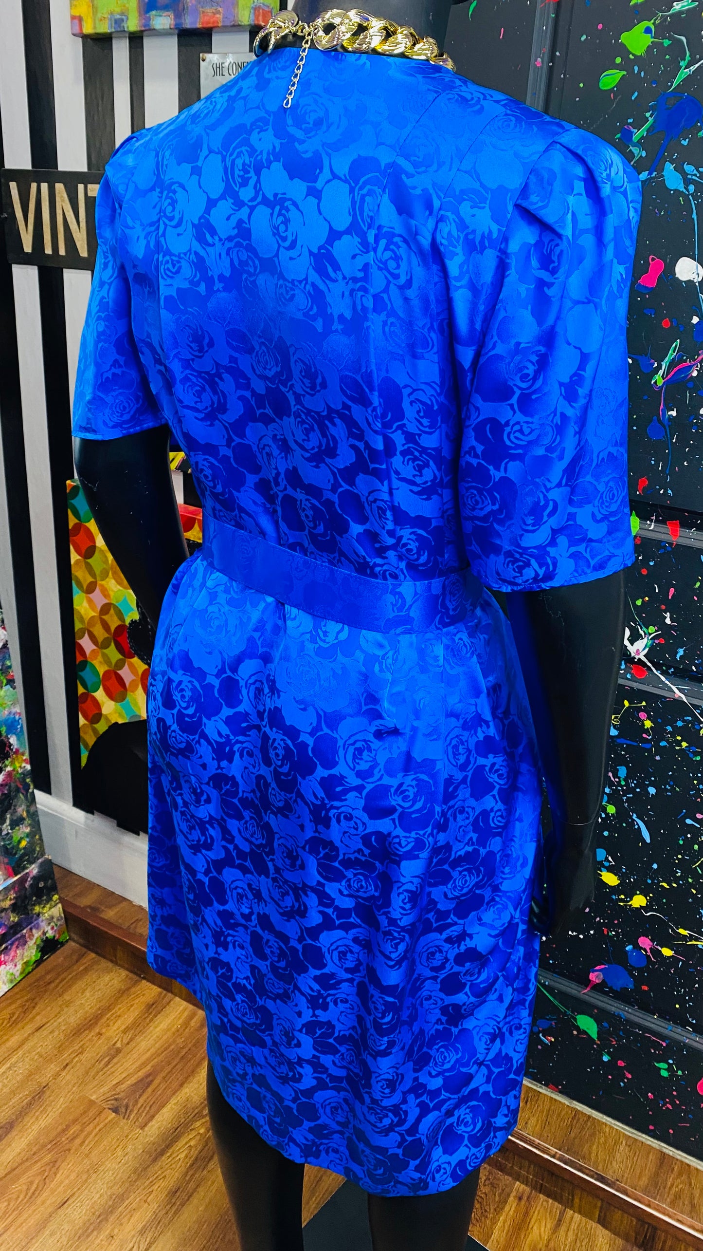 Vintage Blue 100% Silk Belted Dress (20)