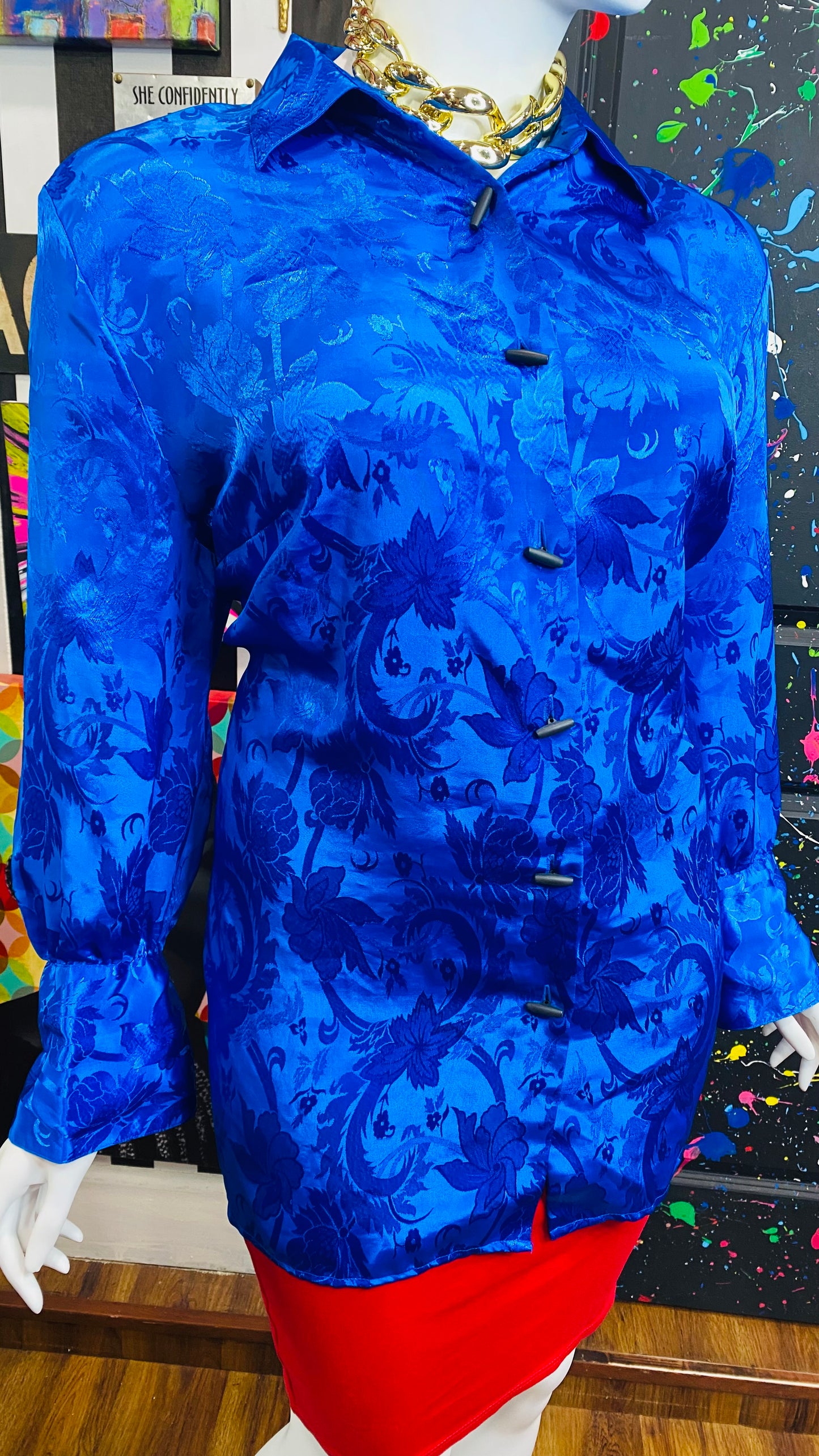 Vintage Solid Blue Paisley Print Blouse (26W)