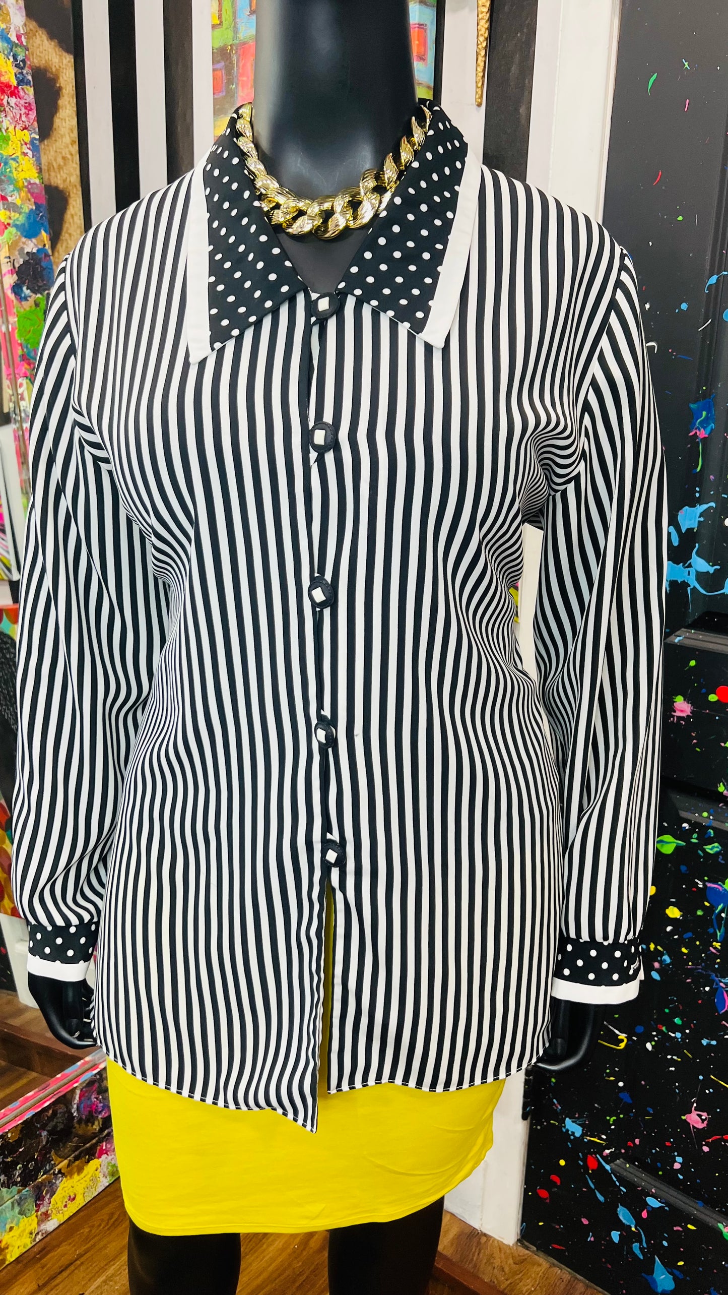 Vintage Polka Dot & Stripes Blouse - Black & White (18)