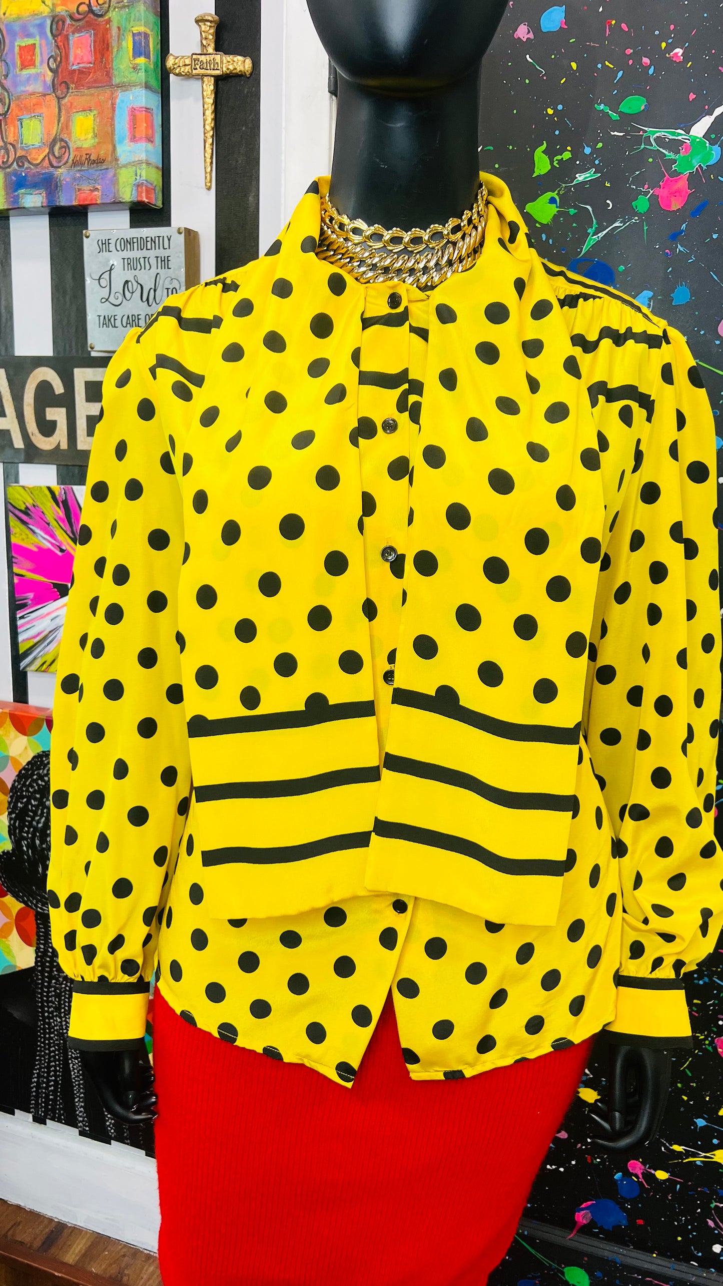 Vintage Yellow Stripes & Polka Dot Blouse (24W)