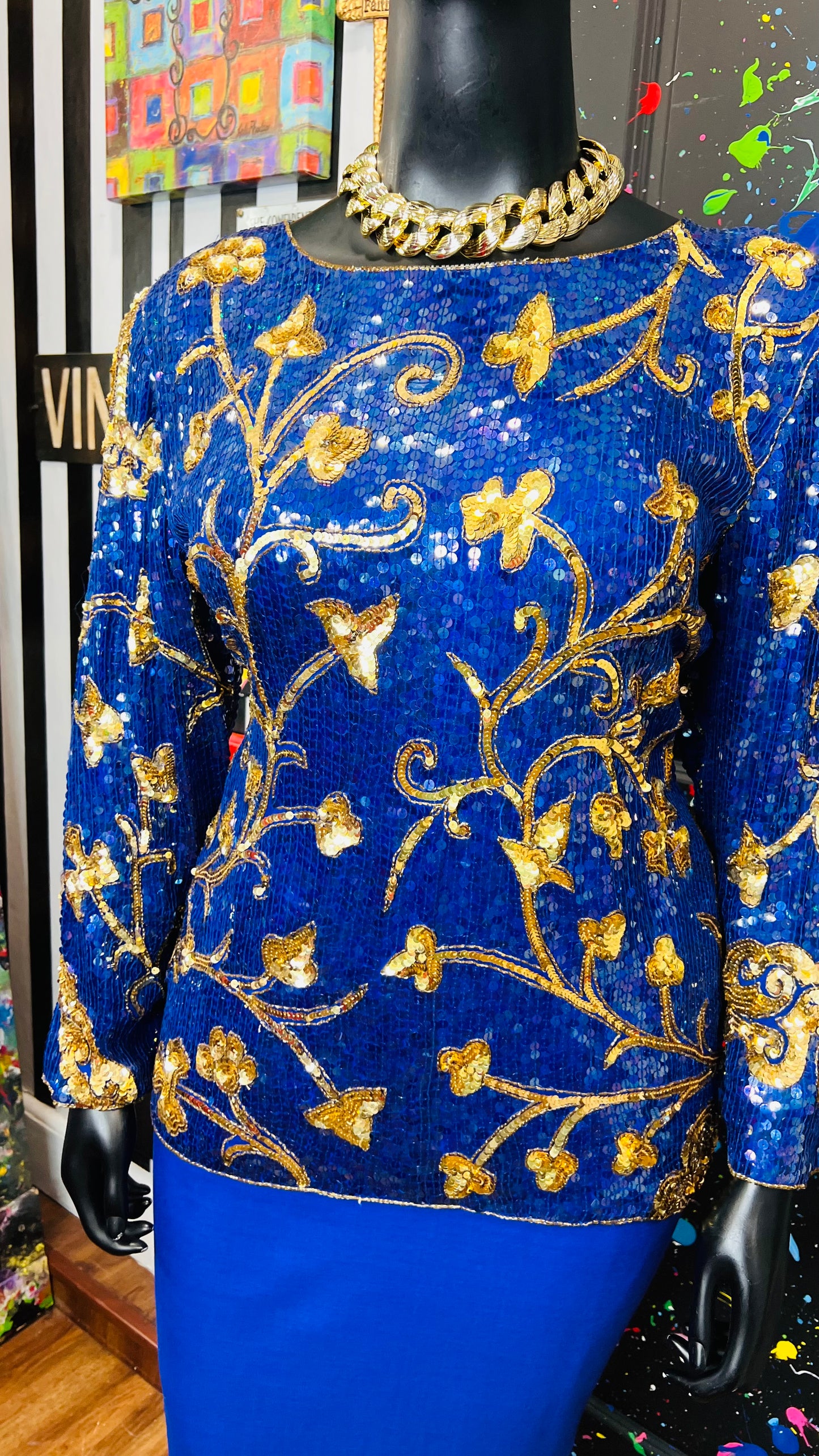Vintage Blue & Gold Sequin Blouse (14)