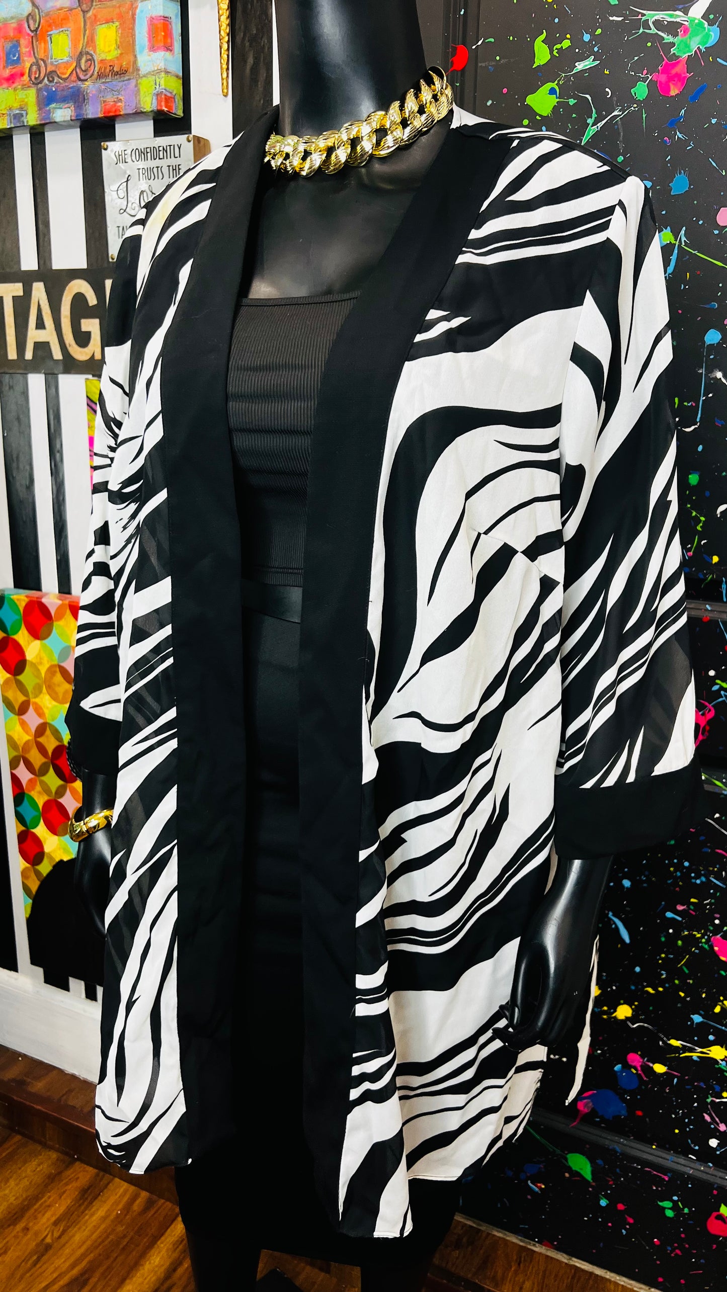 Vintage Open Black & White Sheer Duster (OS) up to 22
