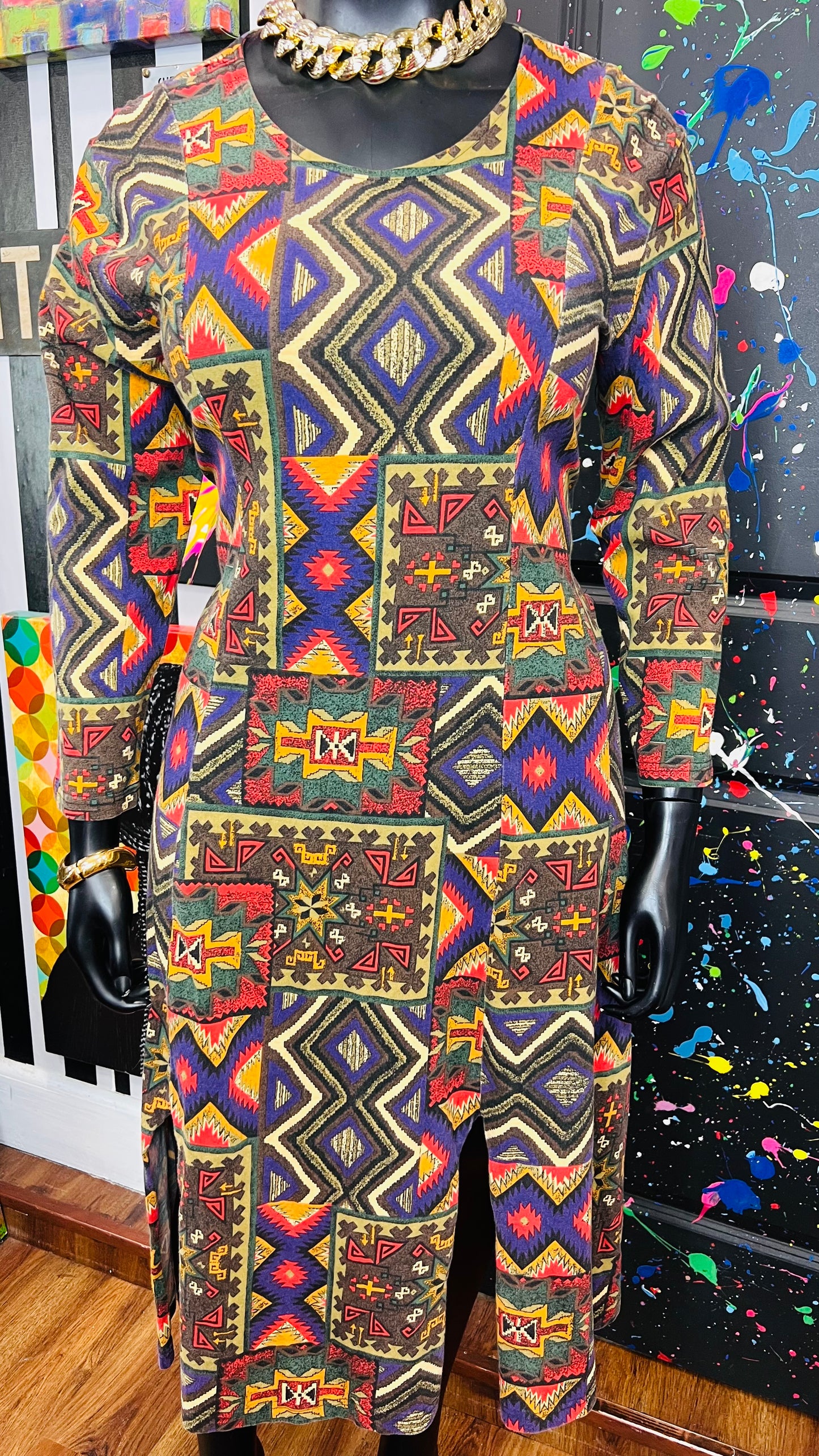 Vintage Cotton Tribal Print Dress (12/14)