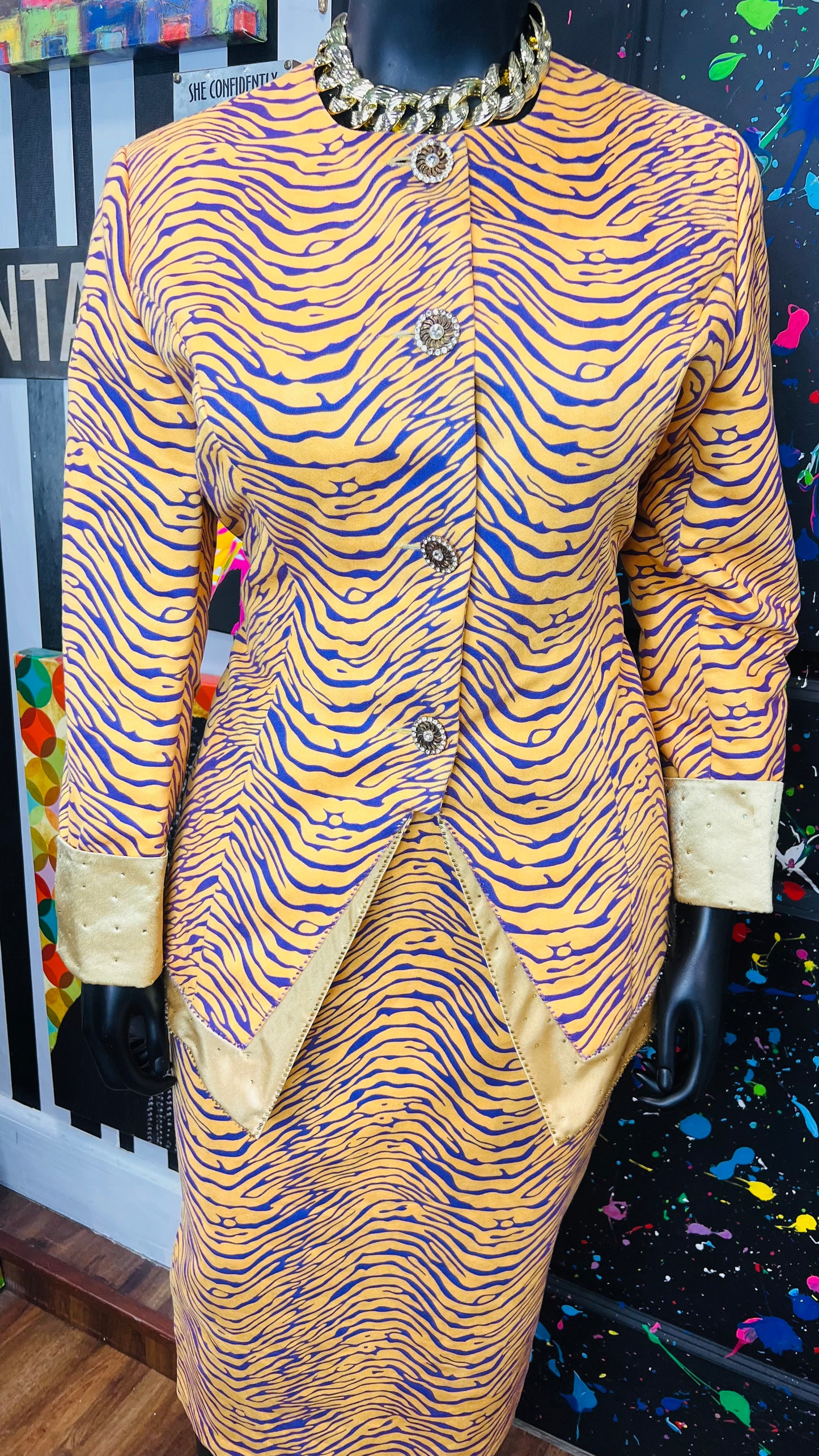 Vintage Tiger Striped Purple & Yellow Skirt Suit (18)