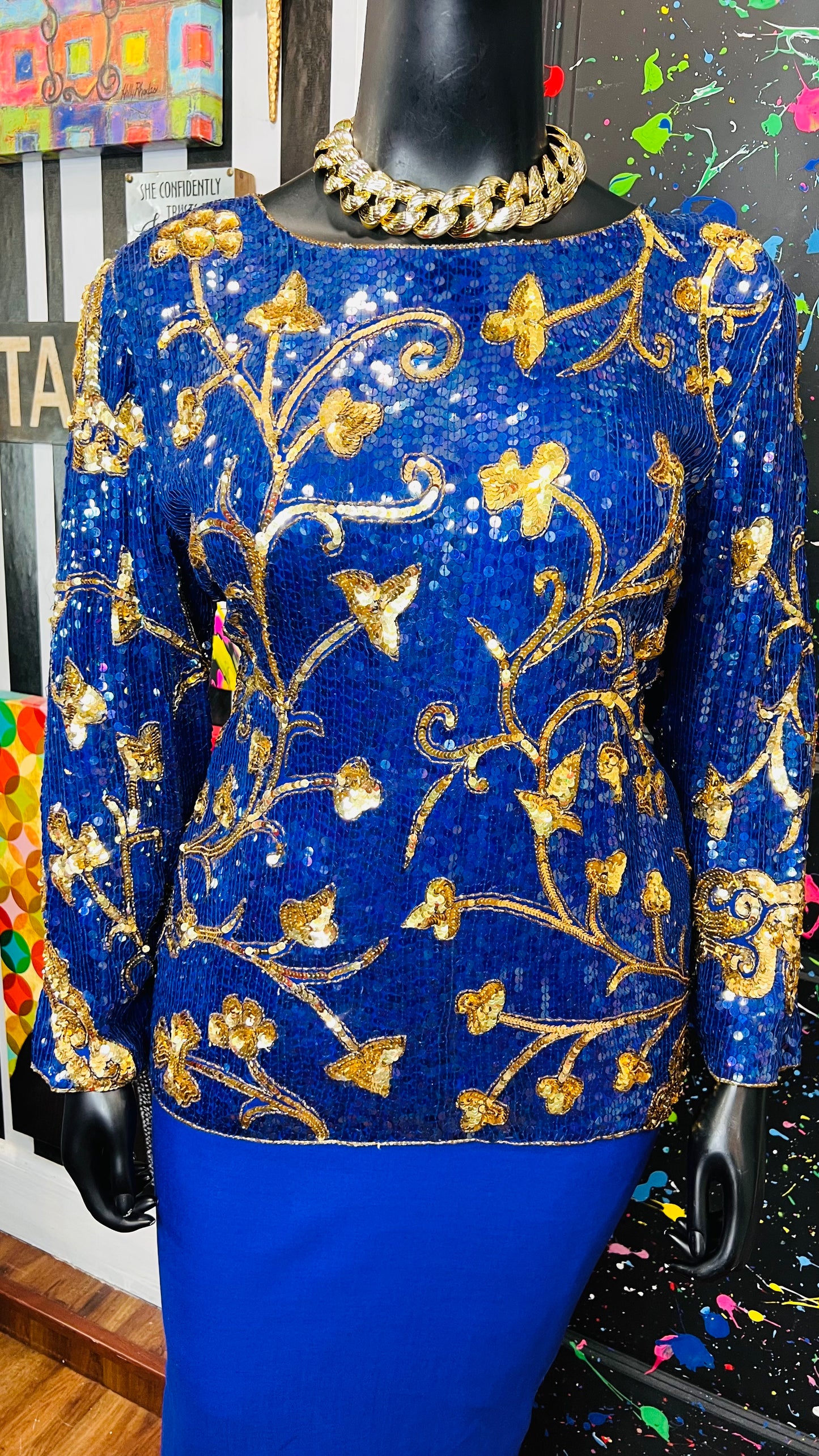 Vintage Blue & Gold Sequin Blouse (14)