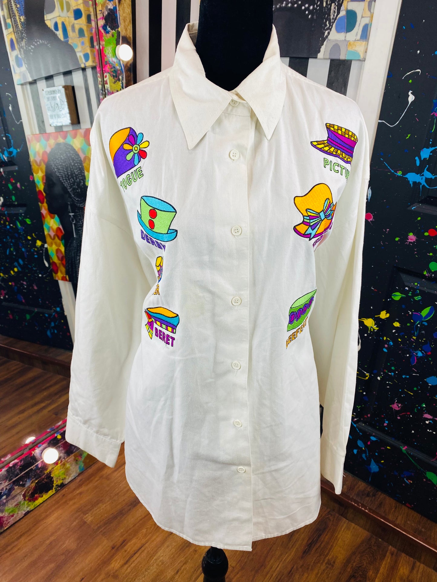 Vintage Hat Print Long Sleeve Blouse (22)