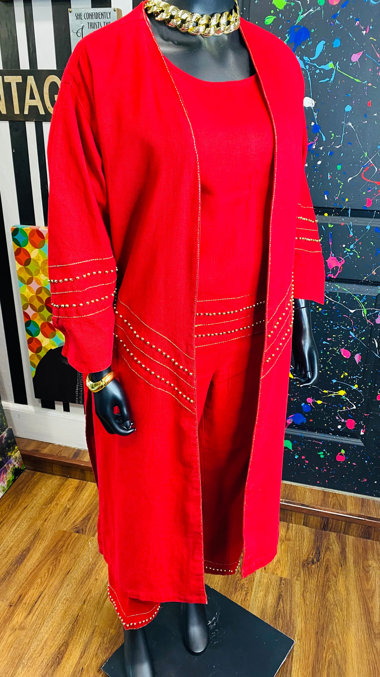 Vintage Traditional African Red & Gold Beaded 3 Piece Cotton Pants Set (14)